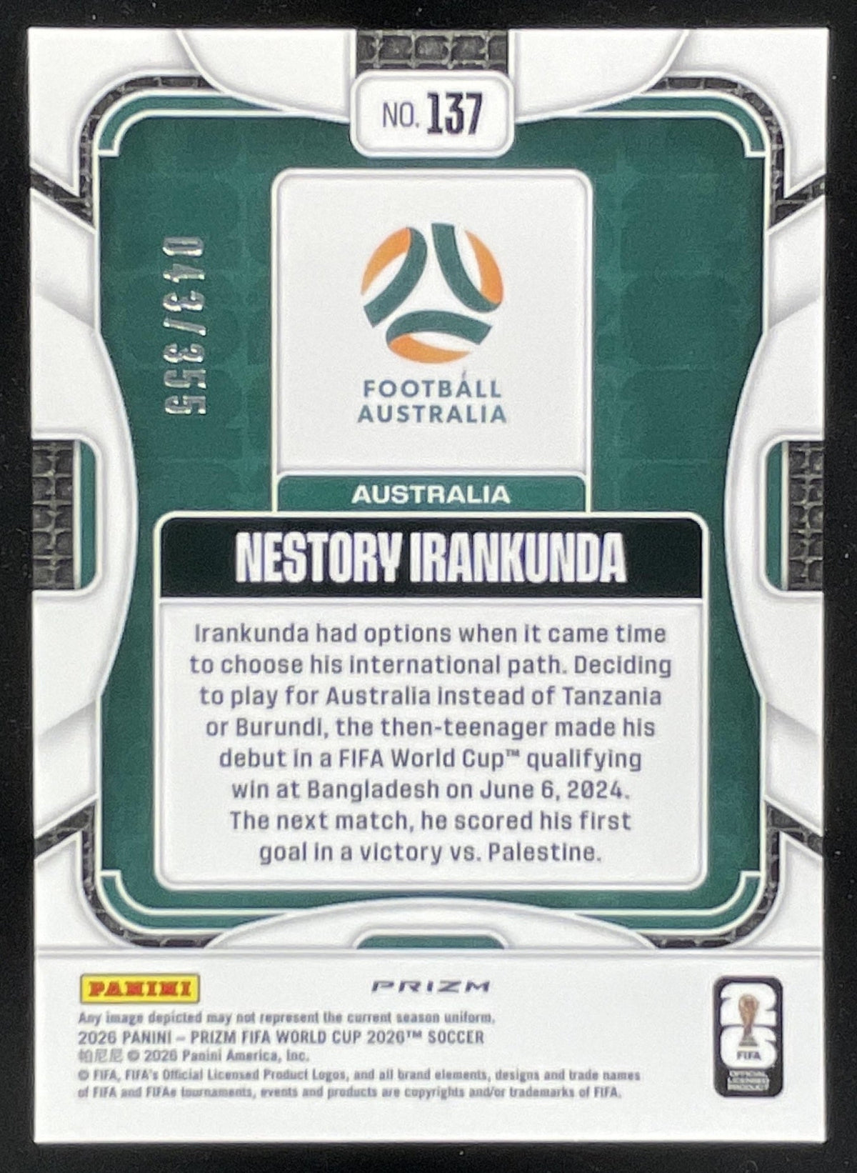 2026 Panini Prizm World Cup Purple Disco Prizm #137 Nestory Irankunda RC /355 product image 2, provided for visual reference