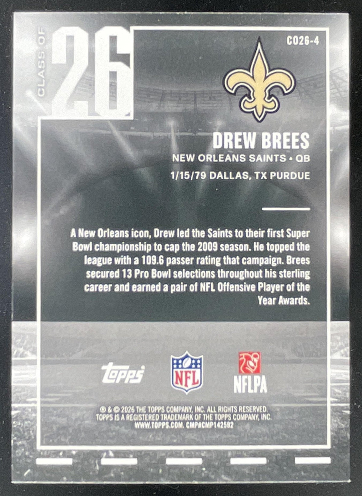 2026 Topps Class of '26 #CO26-4 Drew Brees SSP product image 2, provided for visual reference and product detail review