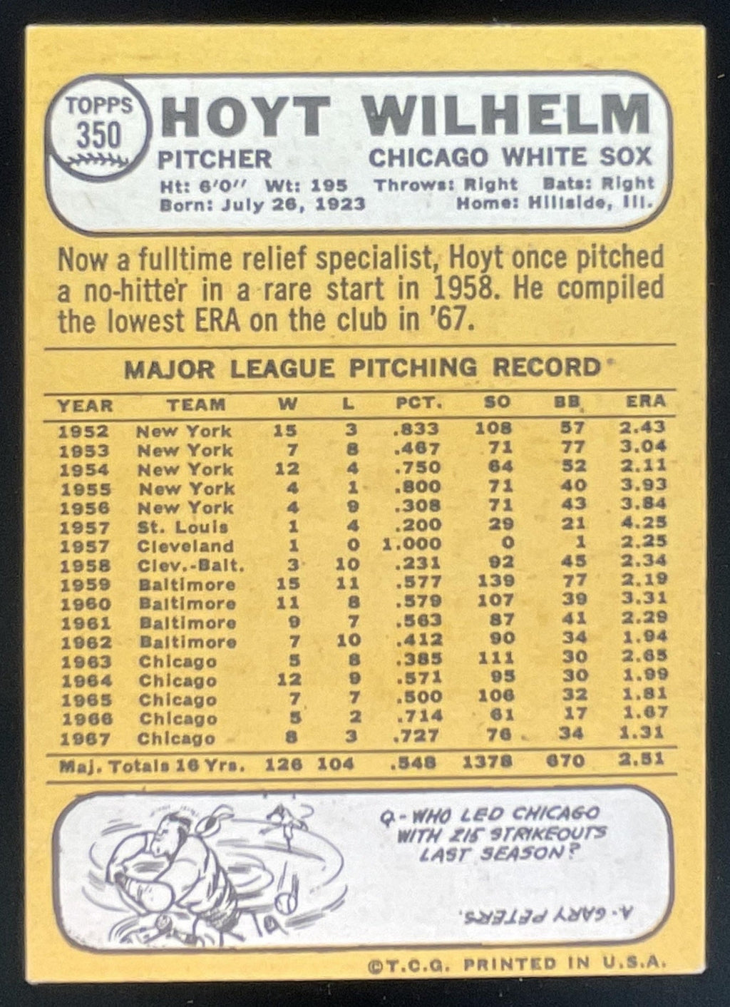 1968 Topps #350 Hoyt Wilhelm product image 2, provided for visual reference and product detail review