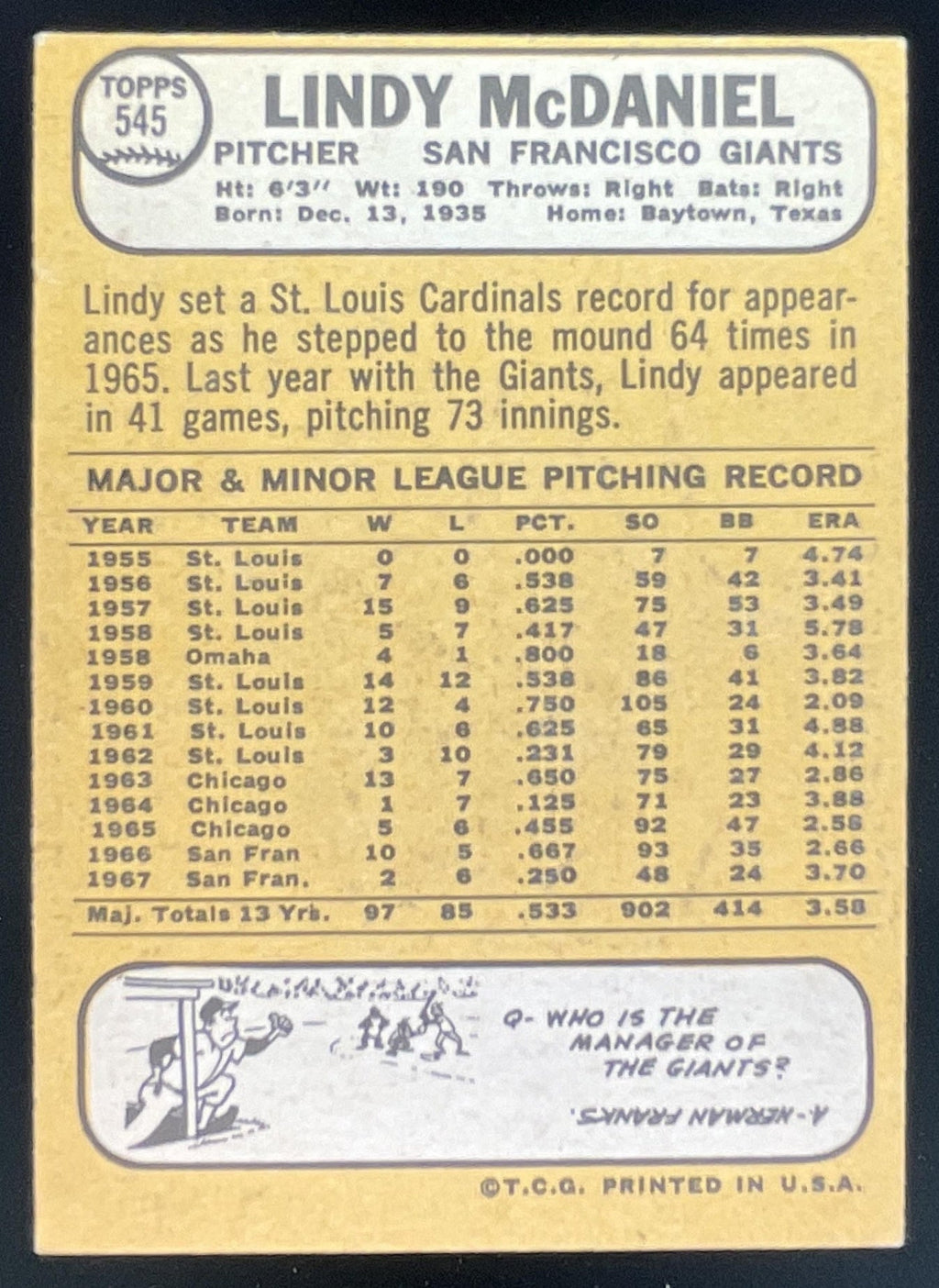 1968 Topps #545 Lindy McDaniel product image 2, provided for visual reference and product detail review