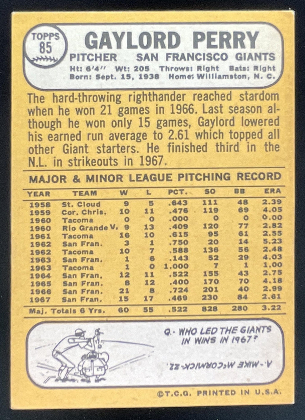 1968 Topps #85 Gaylord Perry product image 2, provided for visual reference and product detail review