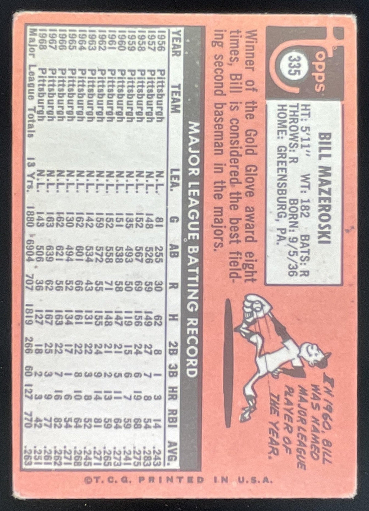 1969 Topps #335 Bill Mazeroski product image 2, provided for visual reference and product detail review