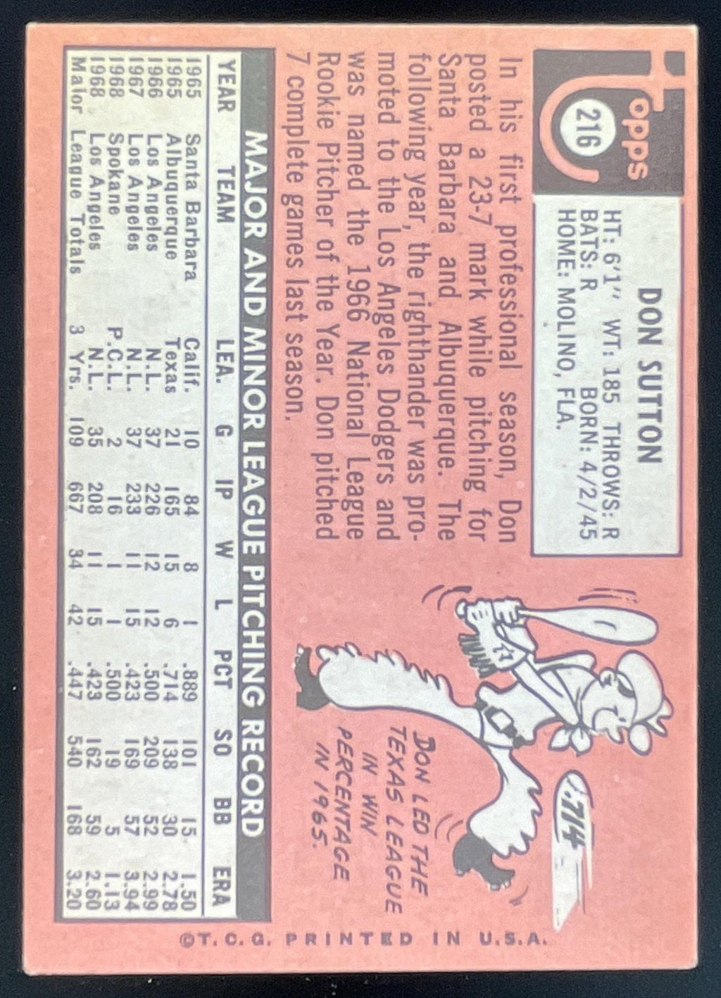 1969 Topps #216 Don Sutton product image 2, provided for visual reference and product detail review