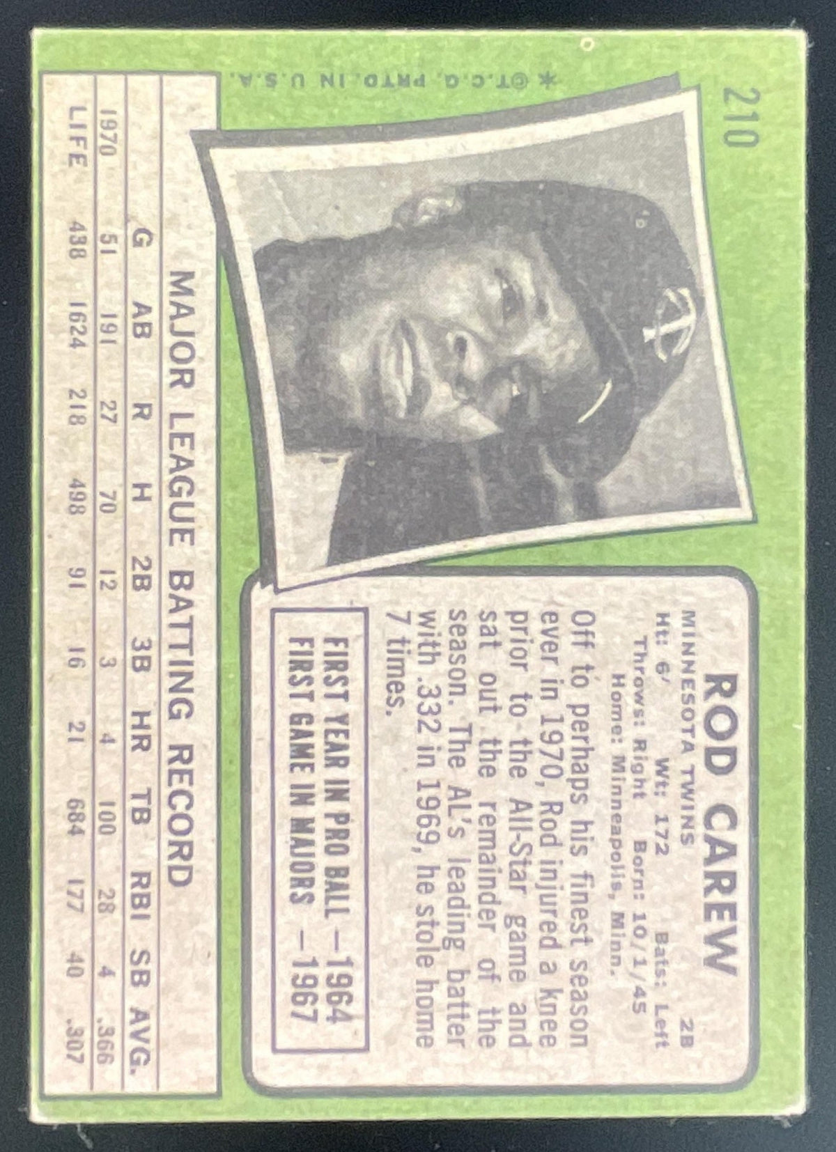 1971 Topps #210 Rod Carew product image 2, provided for visual reference and product detail review