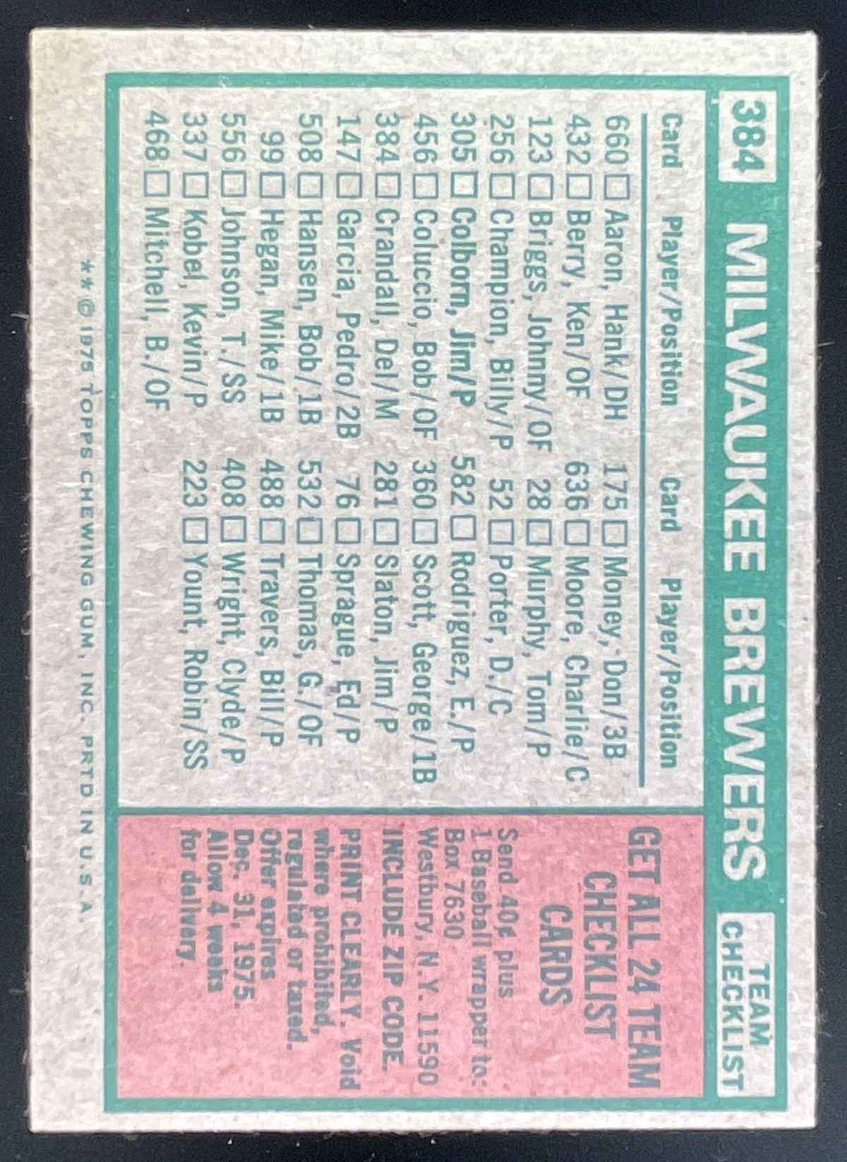 1975 Topps #384 Milwaukee Brewers Del Crandall MGR Checklist Card Team Card product image 2, provided for visual reference