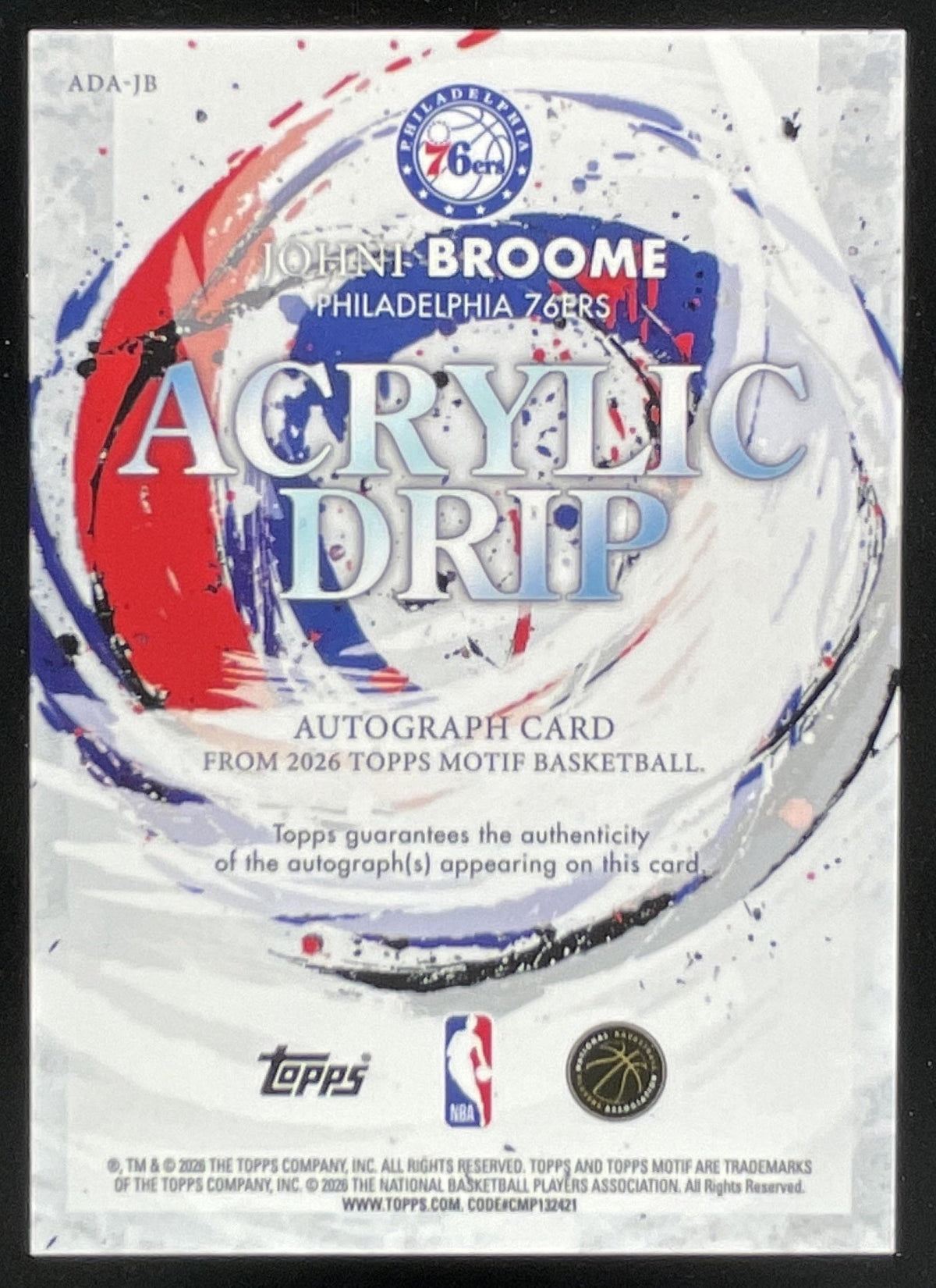 2025-26 Topps Motif Acrylic Drip Winsor Green #ADA-JB Johni Broome RC Auto /10 product image 2, provided for visual