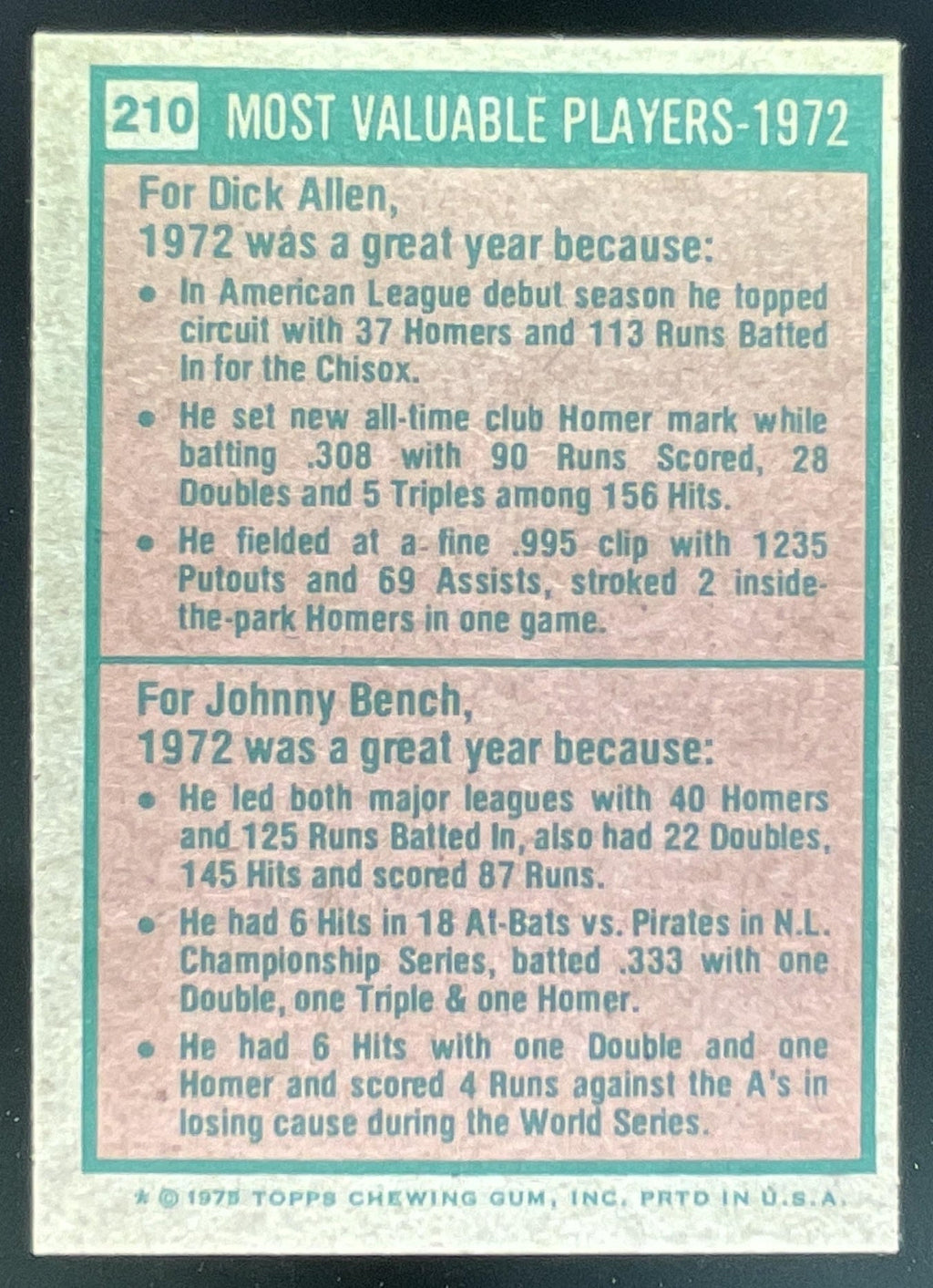 1975 Topps #210 1972s Rich Allen Johnny Bench MVP product image 2, provided for visual reference and product detail review
