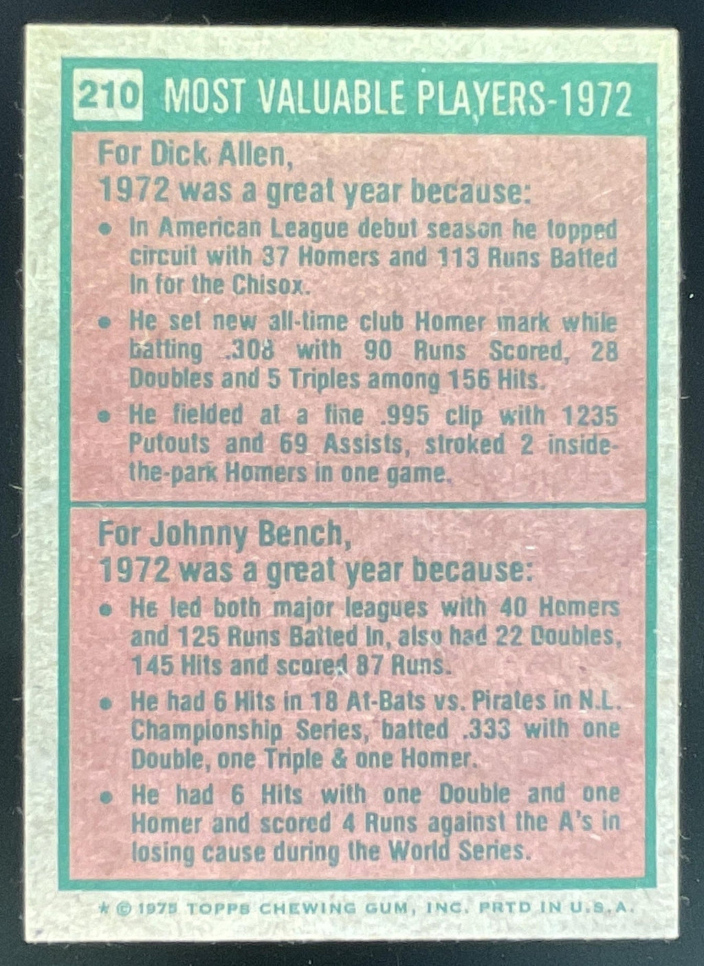 1975 Topps #210 1972s Rich Allen Johnny Bench MVP product image 2, provided for visual reference and product detail review