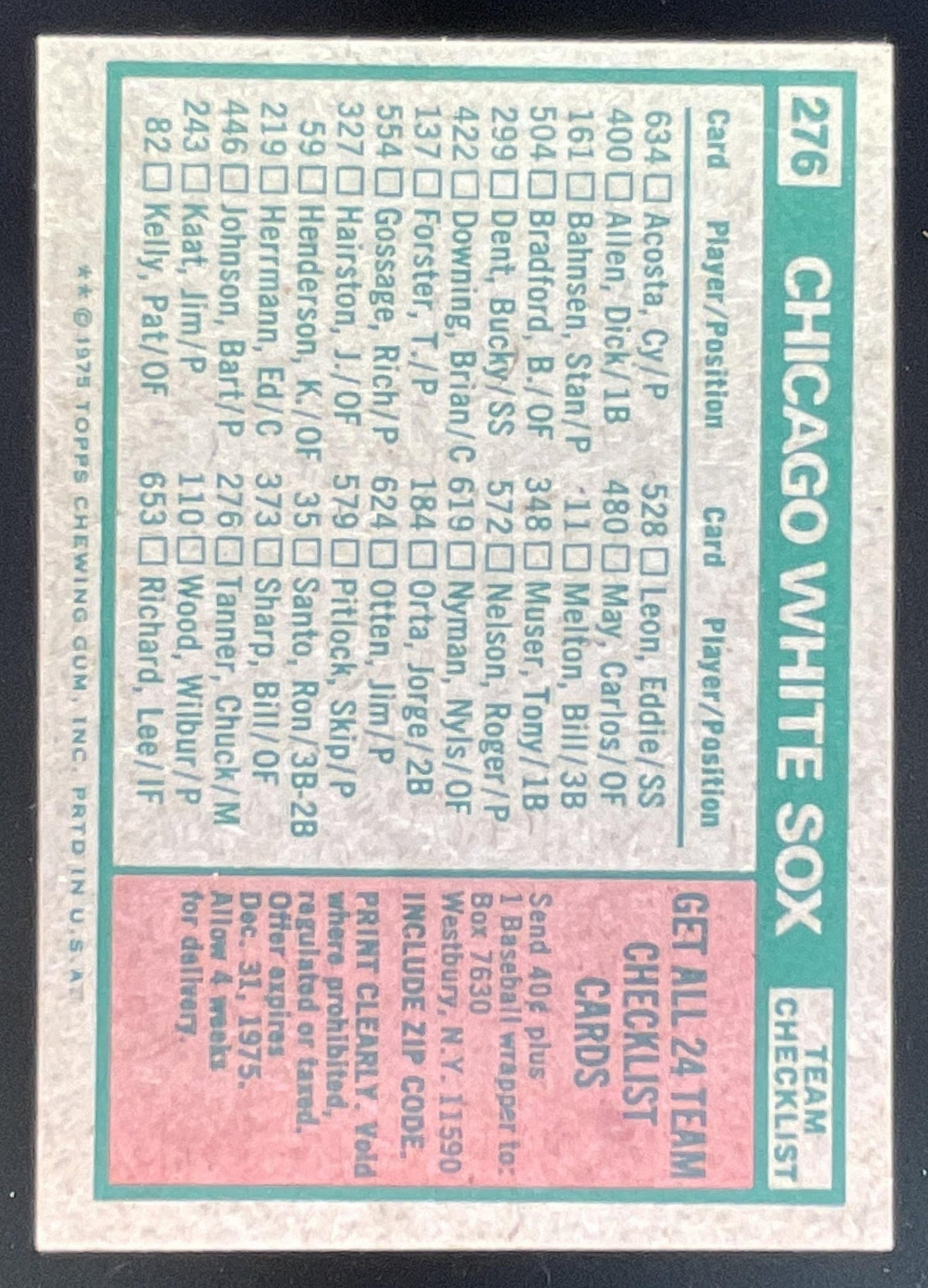 1975 Topps #276 Chicago White Sox Chuck Tanner MGR Checklist Card Team Card product image 2, provided for visual reference