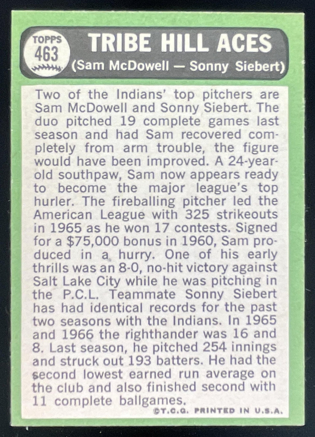 1967 Topps #463 Hill Aces Sam McDowell Sonny Siebert C product image 2, provided for visual reference and product detail