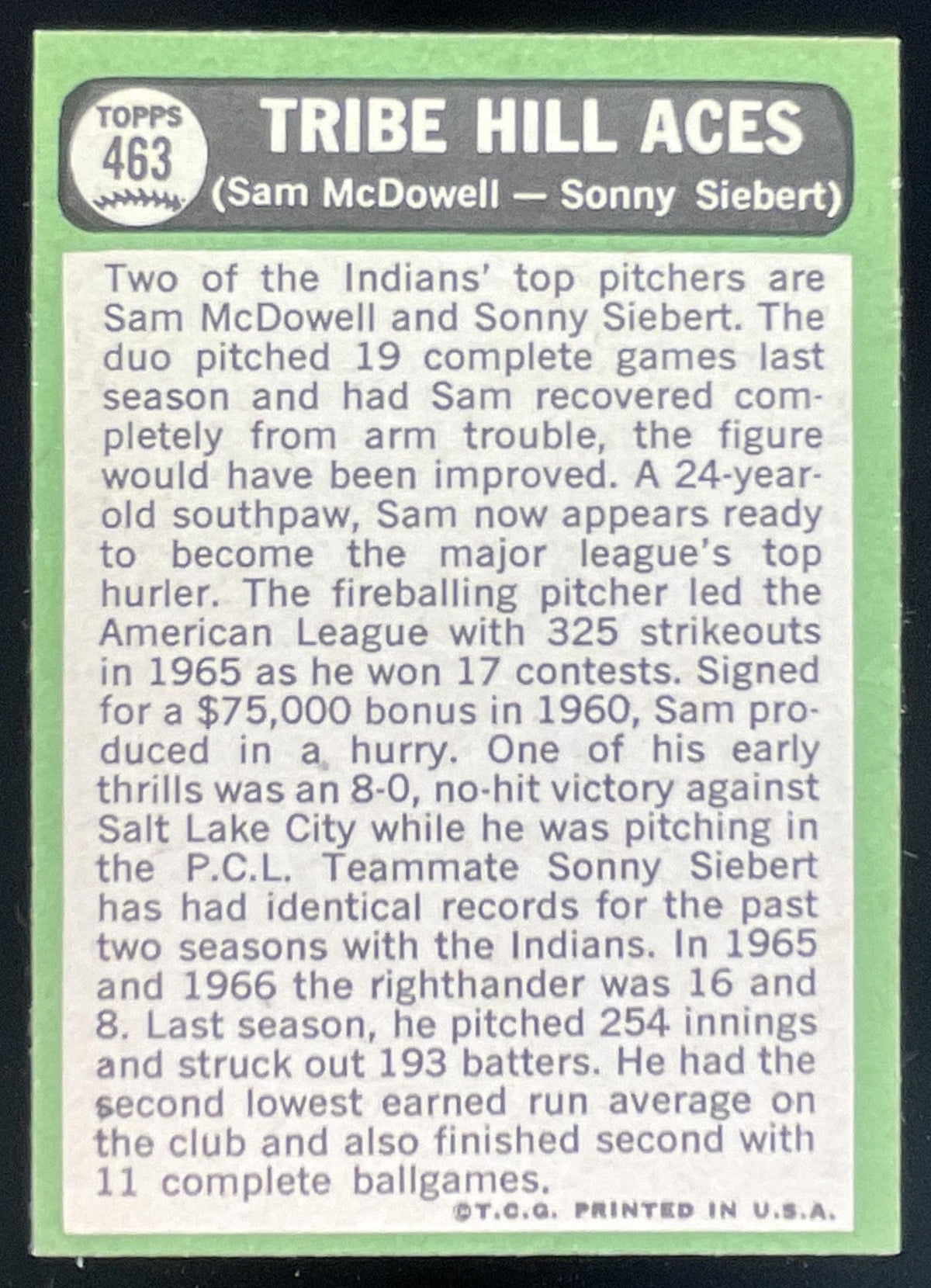 1967 Topps #463 Hill Aces Sam McDowell Sonny Siebert C product image 2, provided for visual reference and product detail