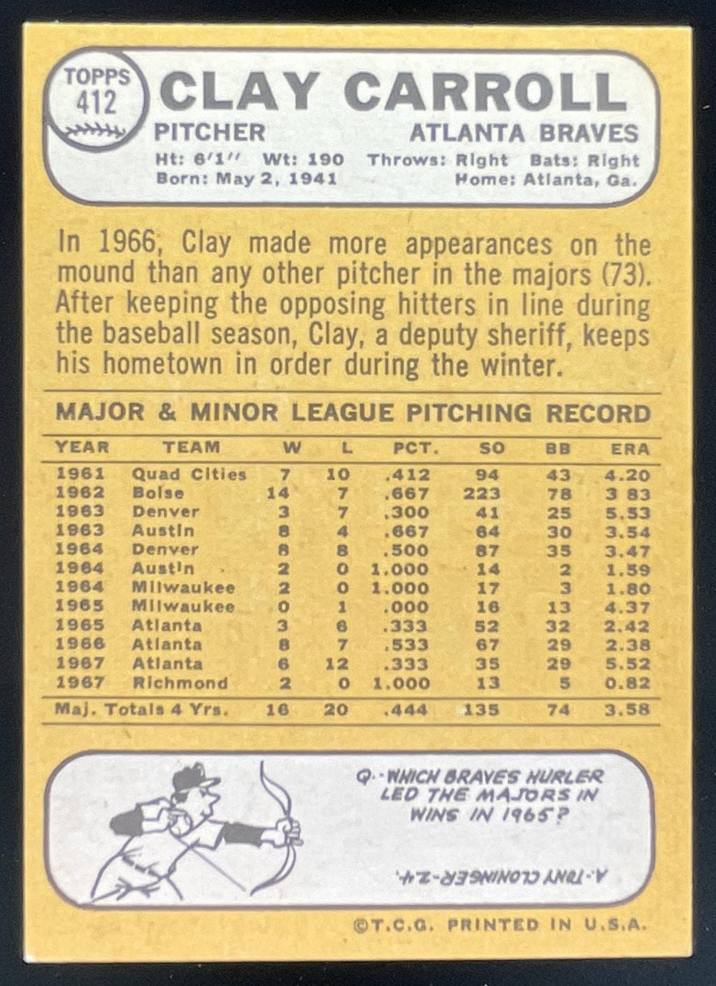 1968 Topps #412 Clay Carroll product image 2, provided for visual reference and product detail review