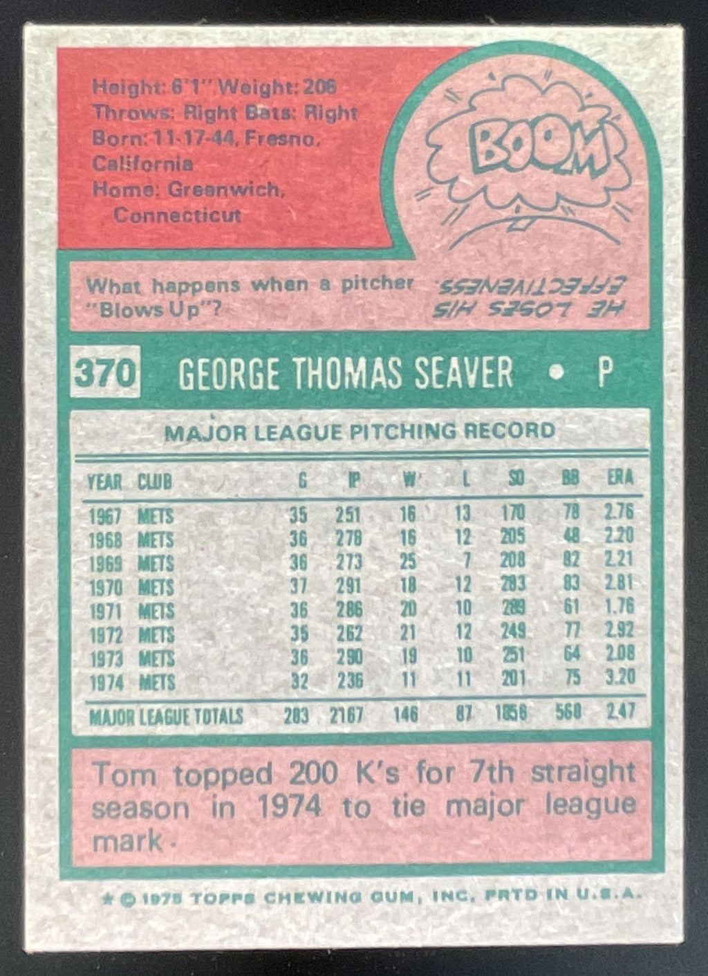 1975 Topps #370 Tom Seaver product image 2, provided for visual reference and product detail review
