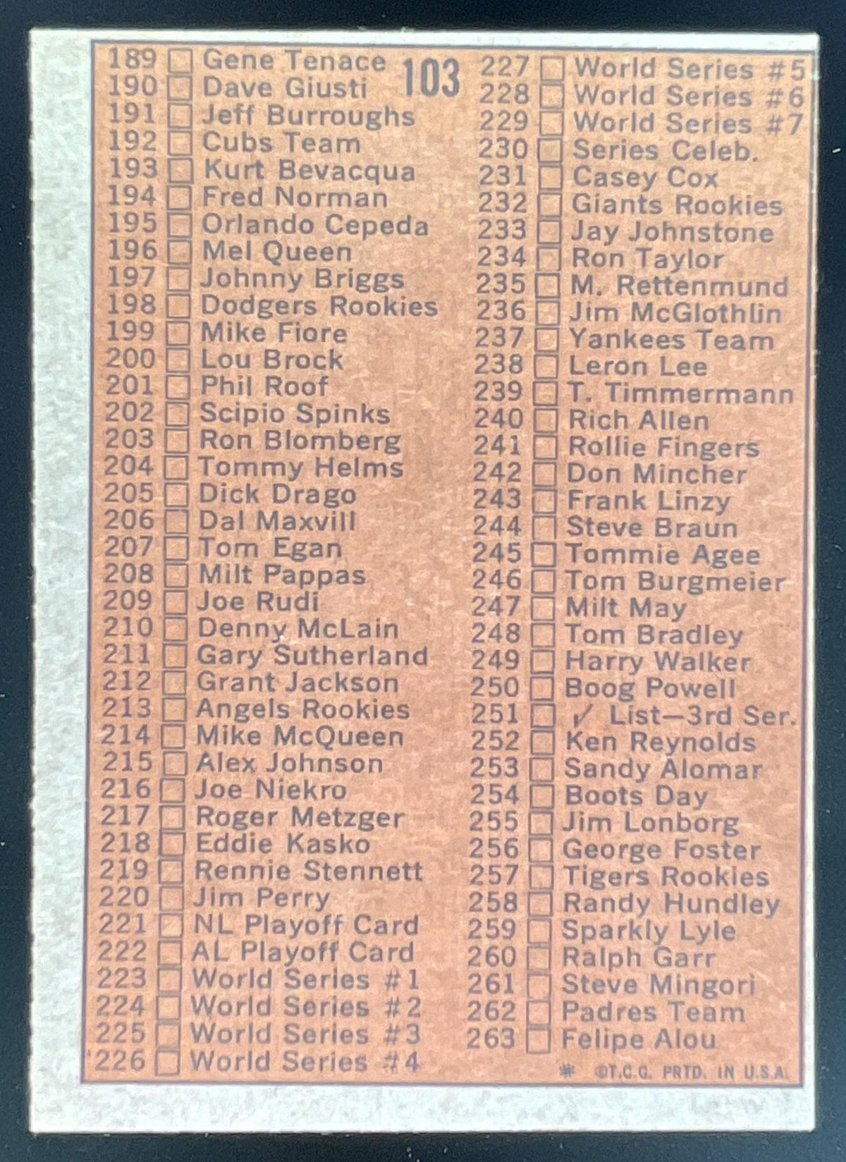 1972 Topps #103 2nd Series Checklist: 133-263 product image 2, provided for visual reference and product detail review