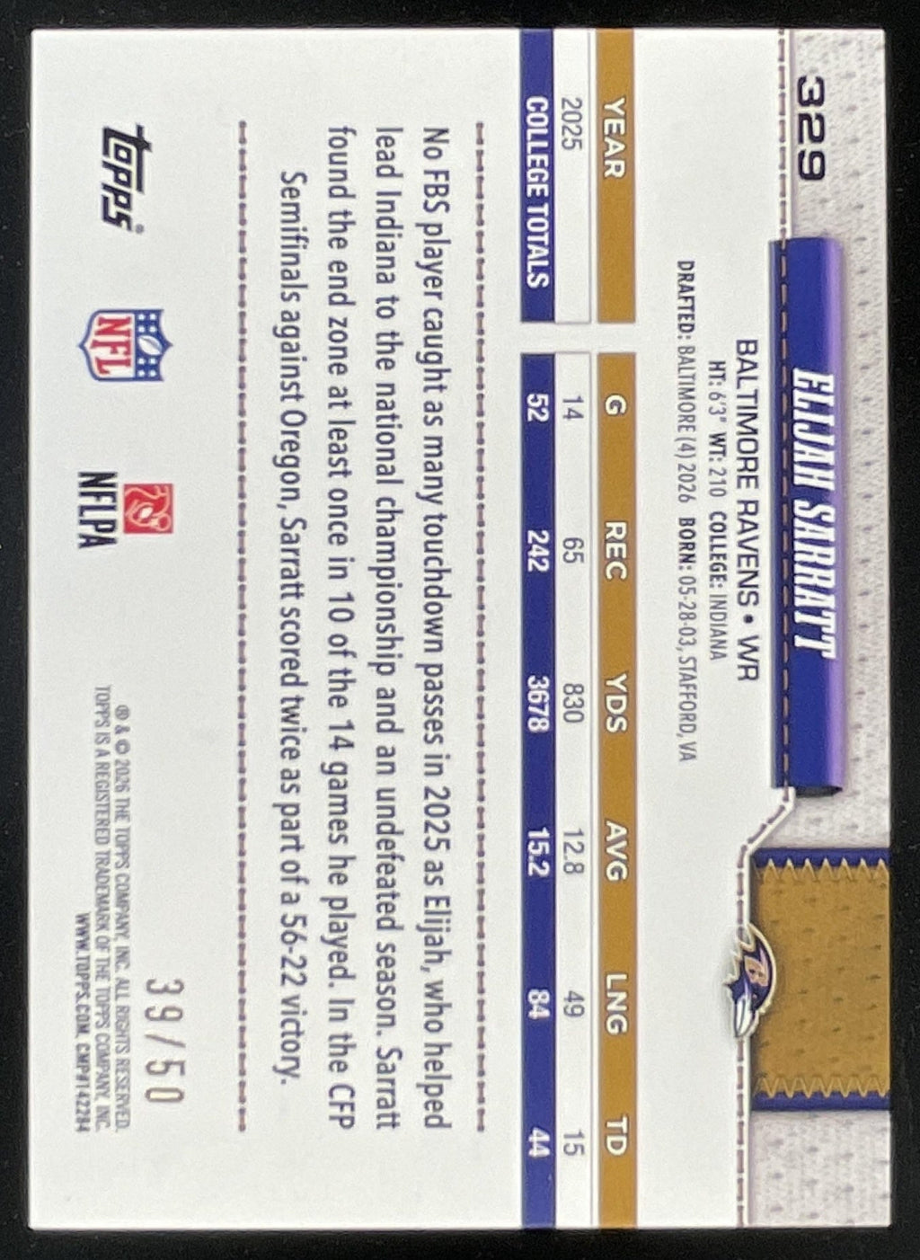 2026 Topps Gold Rainbow Foil #329 Elijah Sarratt RC /50 product image 2, provided for visual reference and product detail