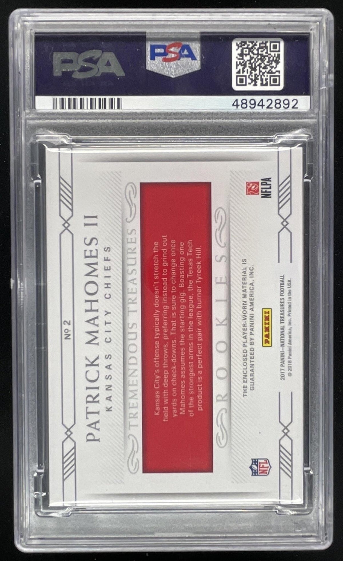 2017 National Treasures Tremendous Rookies #2 Patrick Mahomes II RC /99 PSA 10 product image 2, provided for visual