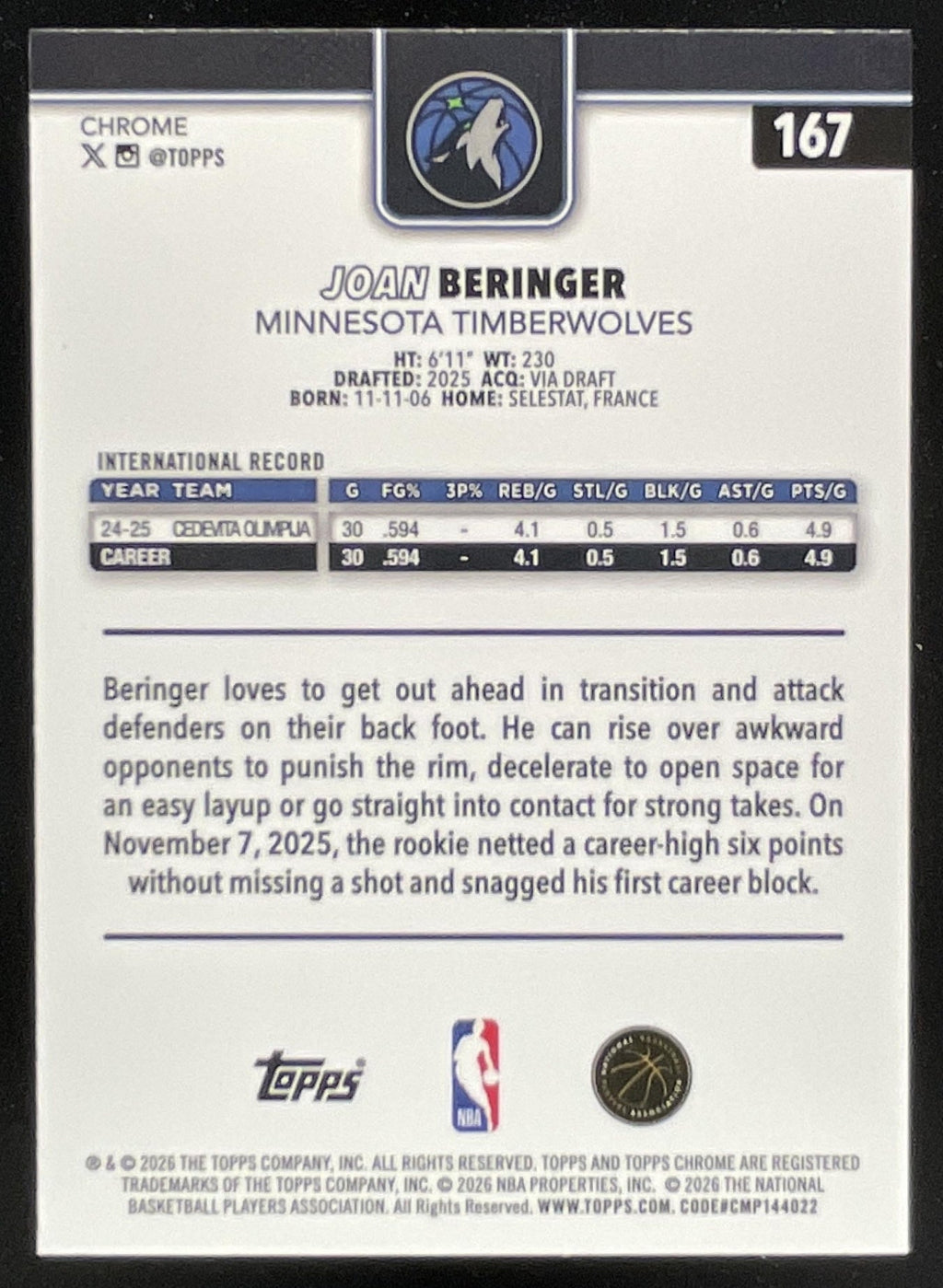 2025-26 Topps Chrome Update Blue Refractor #167 Joan Beringer RC /150 product image 2, provided for visual reference and