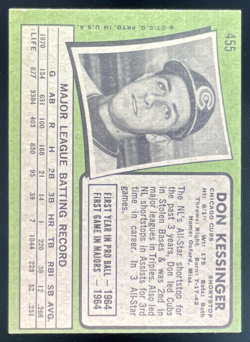 1971 Topps #455 Don Kessinger product image 2, provided for visual reference and product detail review