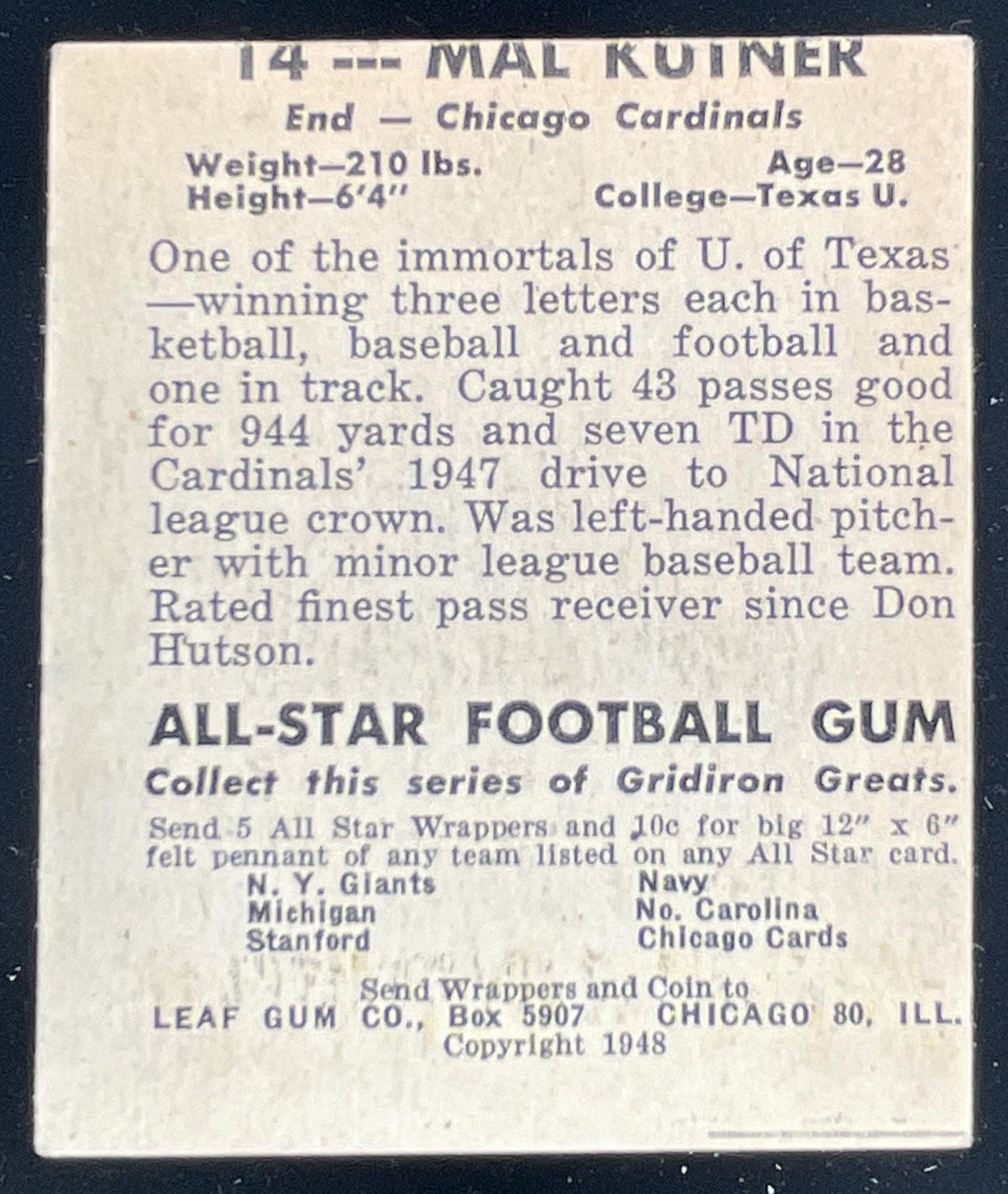 1948 Leaf #14a Mal Kutner RC VAR product image 2, provided for visual reference and product detail review