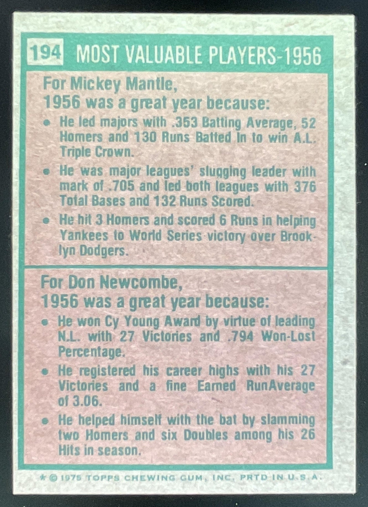 1975 Topps #194 1956s Mickey Mantle Don Newcombe MVP product image 2, provided for visual reference and product detail review