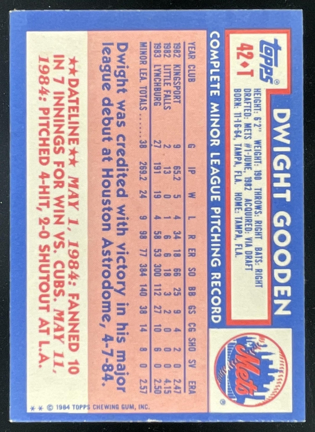 1984 Topps Traded #42T Dwight Gooden RC product image 2, provided for visual reference and product detail review