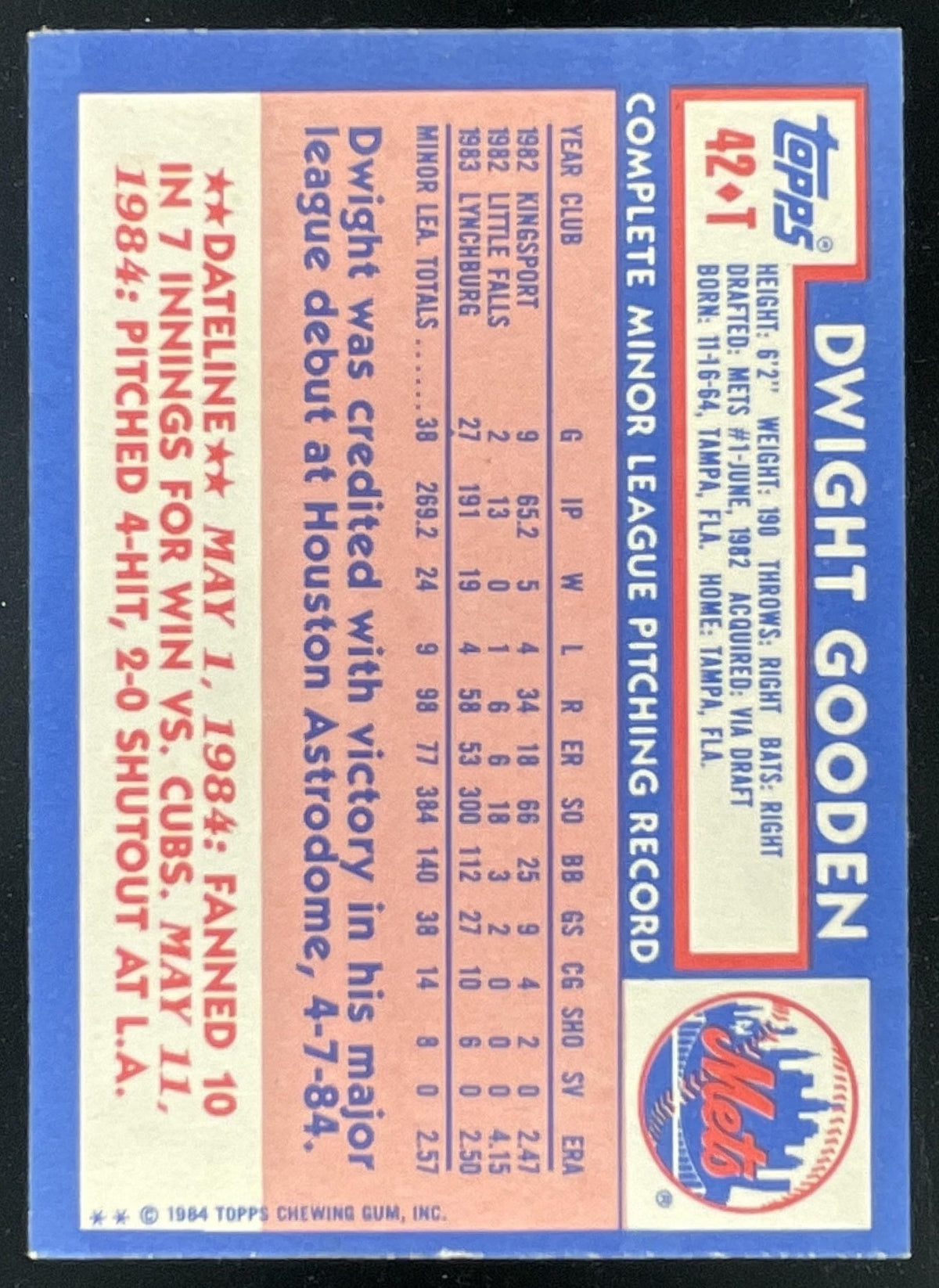 1984 Topps Traded #42T Dwight Gooden RC product image 2, provided for visual reference and product detail review