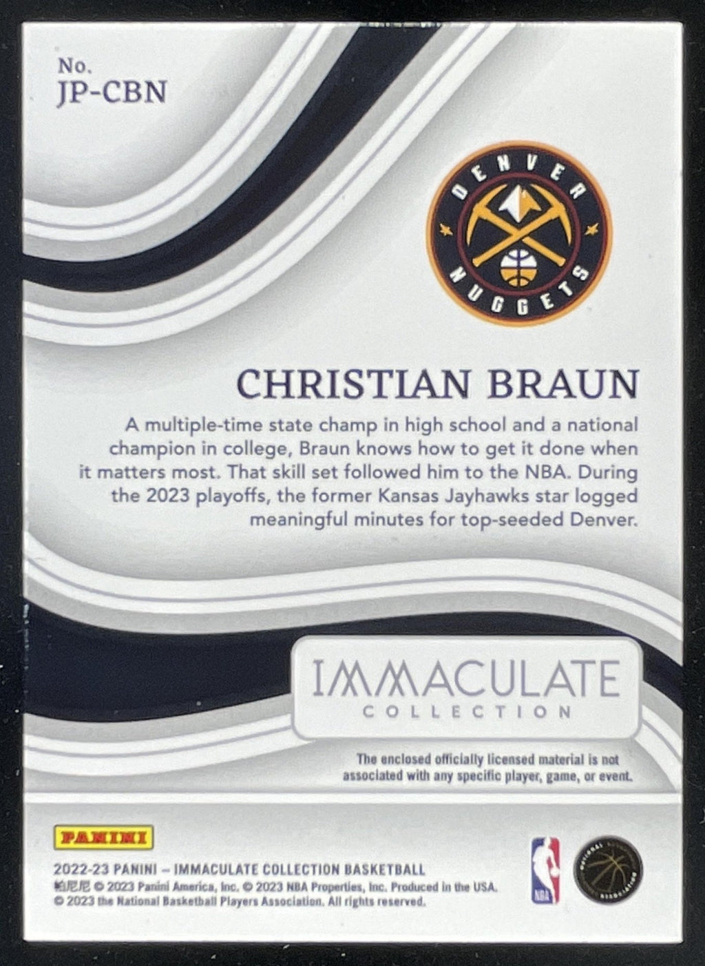 2022-23 Immaculate Collection Jumbo Patches Jersey Number Christian Braun RC /50 product image 2, provided for visual