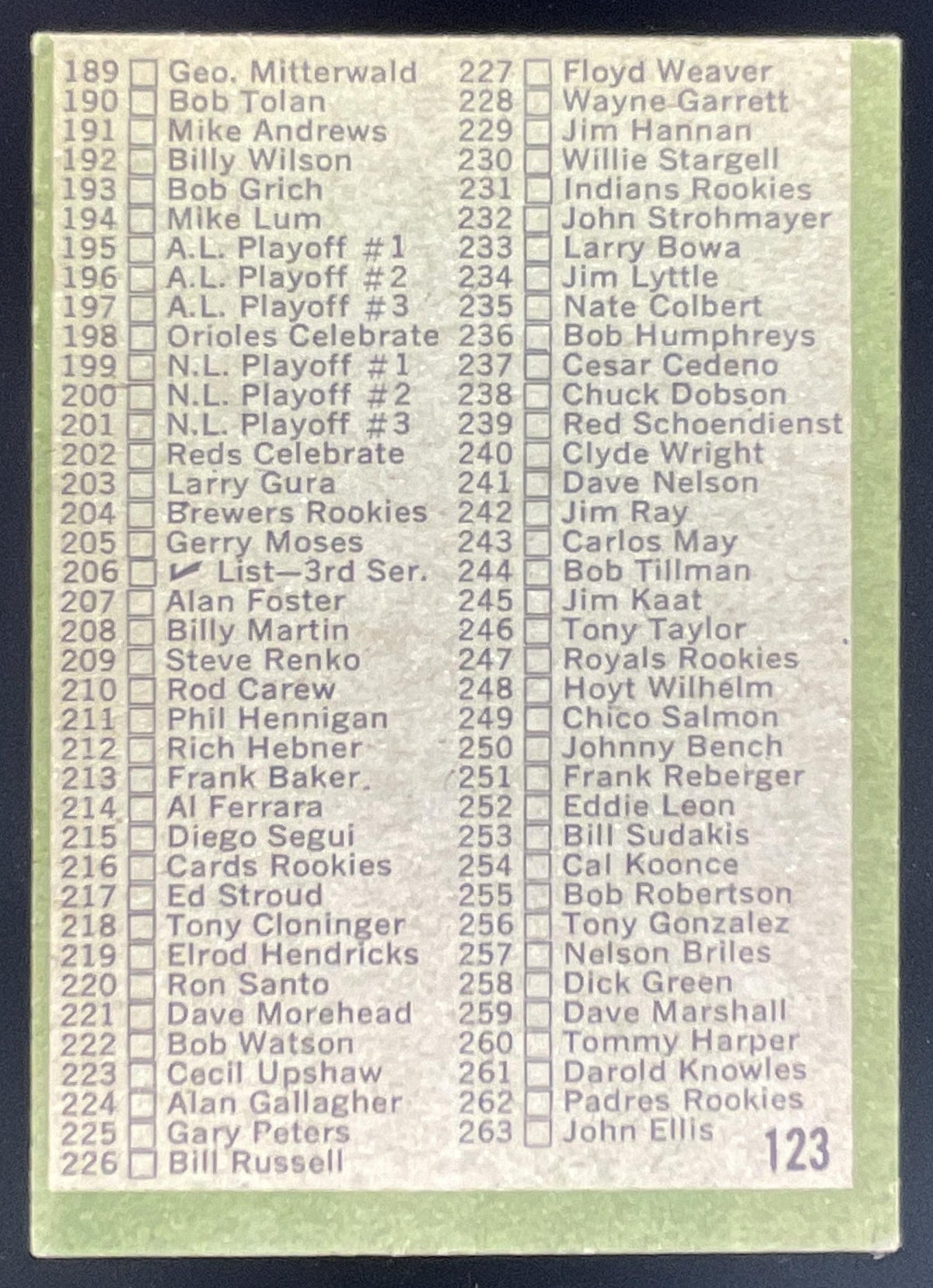 1971 Topps #123a Checklist: 133-263 VAR product image 2, provided for visual reference and product detail review