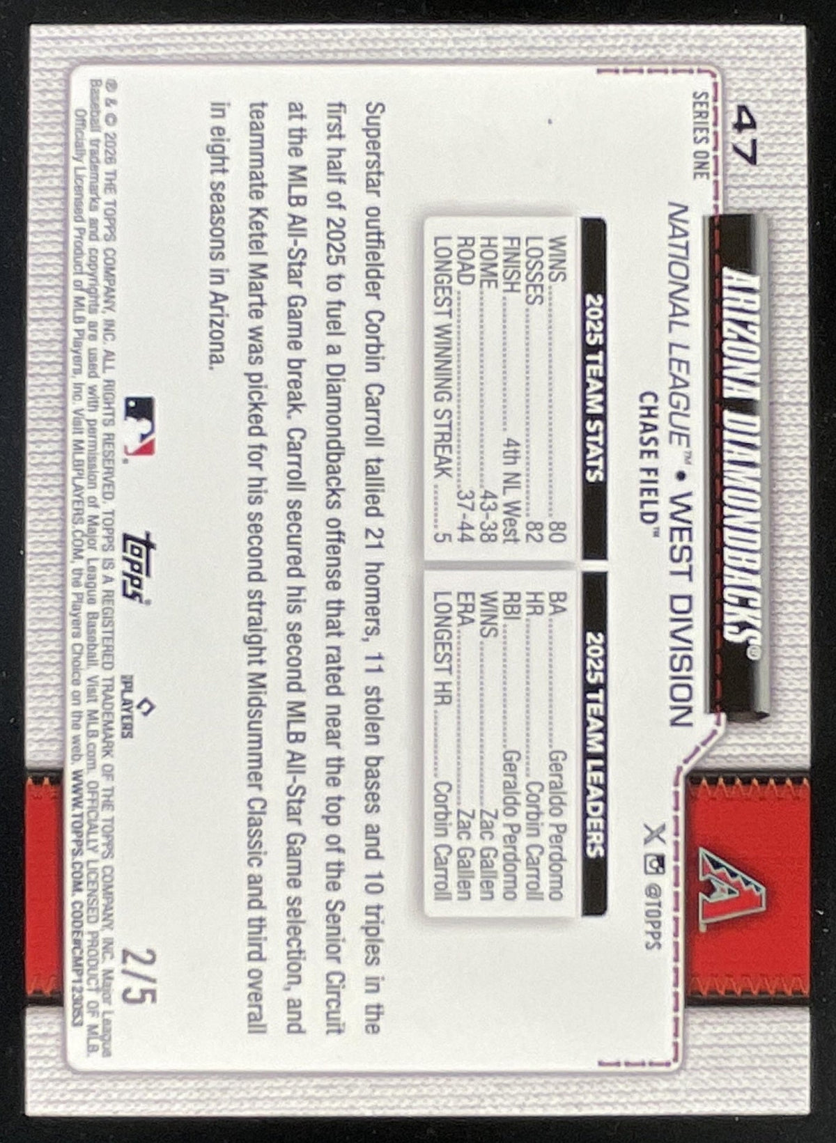 2026 Topps Series 1 Red Sandglitter #47 Arizona Diamondbacks Team Card /5 product image 2, provided for visual reference and