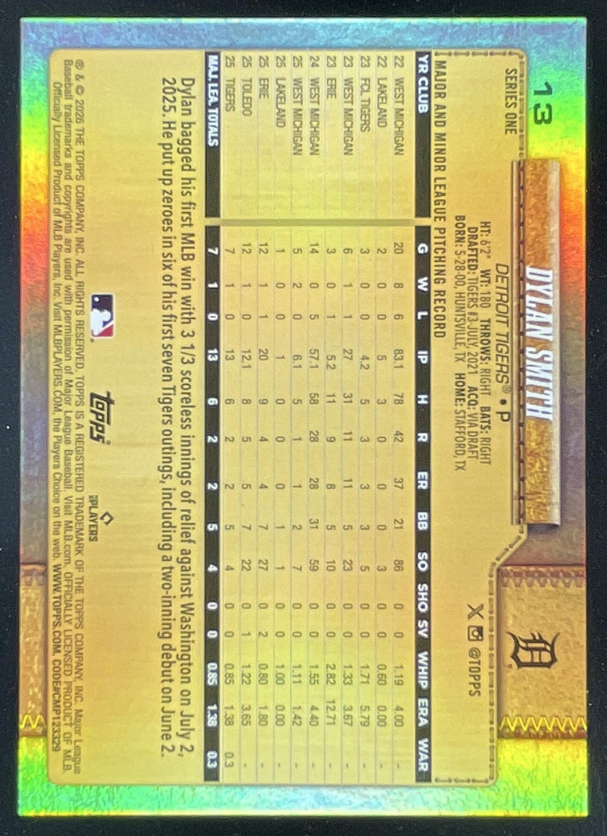 2026 Topps Series 1 Golden Mirror Variation #13 Dylan Smith RC SSP product image 2, provided for visual reference and