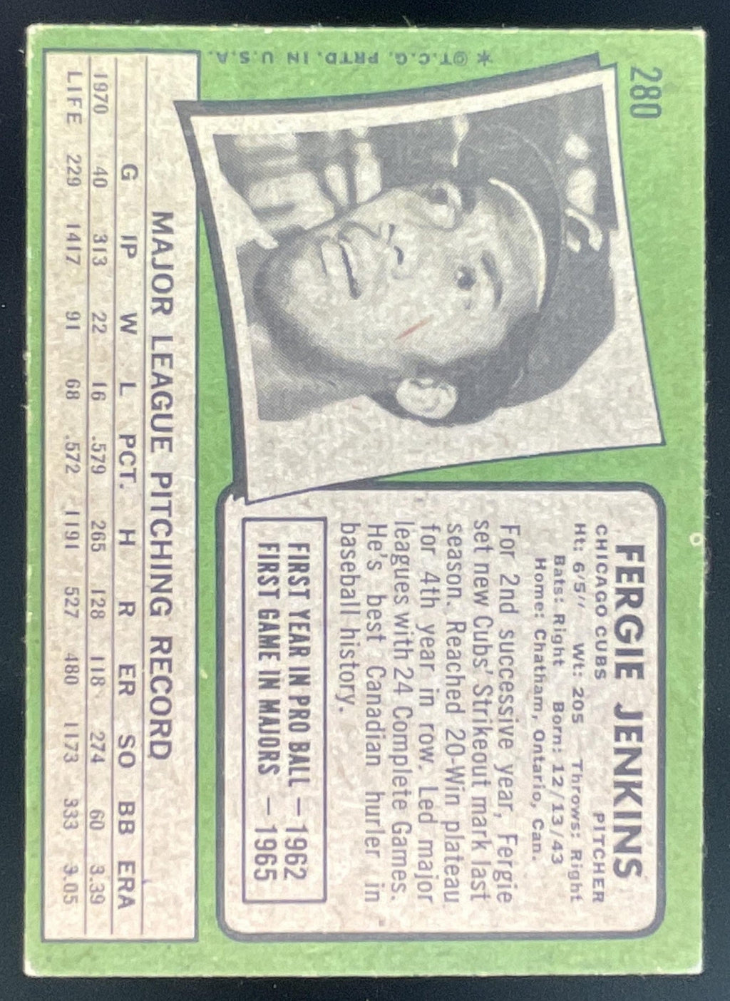 1971 Topps #280 Fergie Jenkins product image 2, provided for visual reference and product detail review