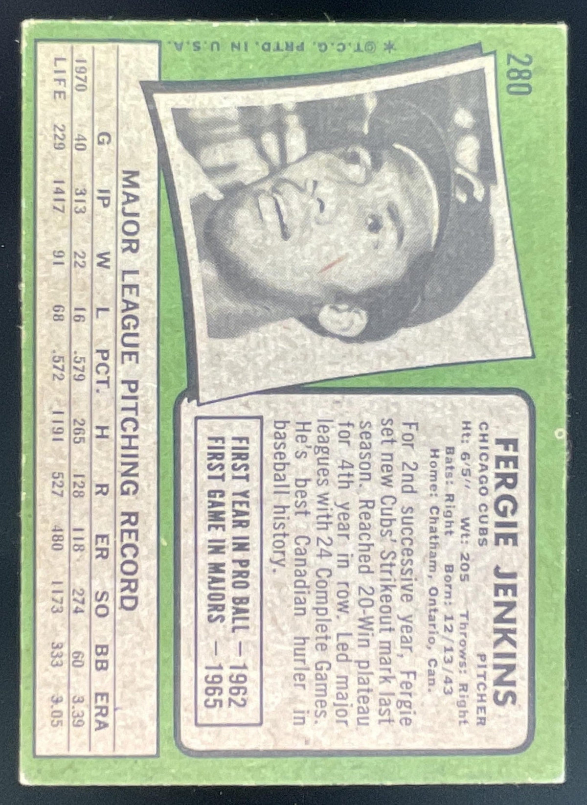 1971 Topps #280 Fergie Jenkins product image 2, provided for visual reference and product detail review