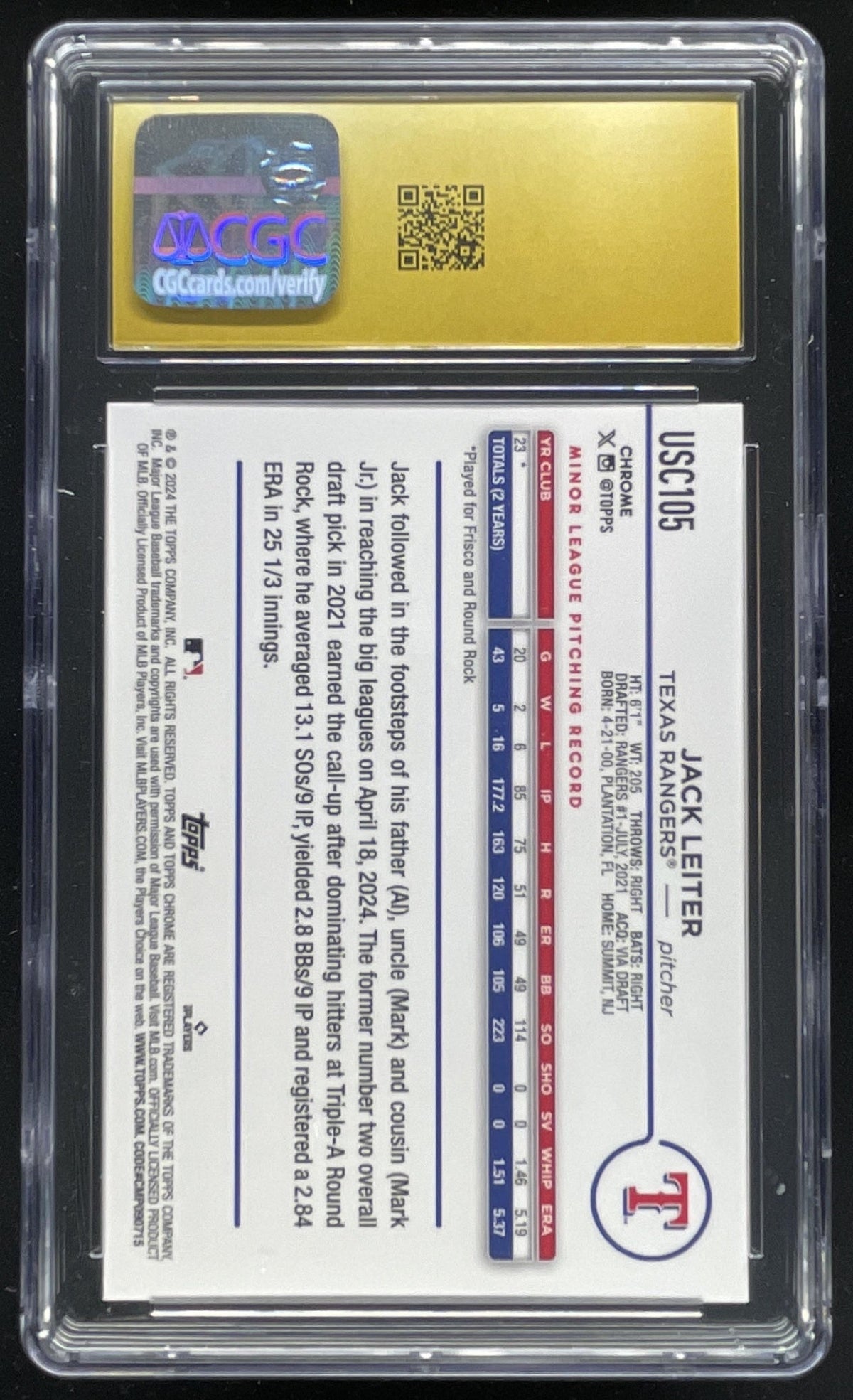 2024 Topps Chrome Update Gold Refractor #USC105 Jack Leiter RC /50 CGC 10 product image 2, provided for visual reference and