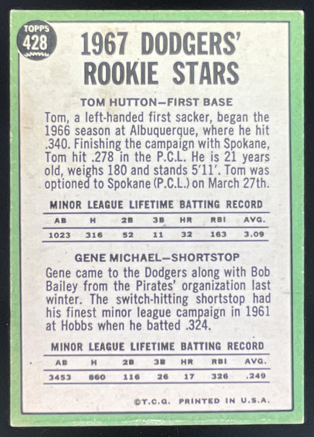 1967 Topps #428 Dodgers 1967 Rookie Stars Tom Hutton Gene Michael RS, RC product image 2, provided for visual reference and