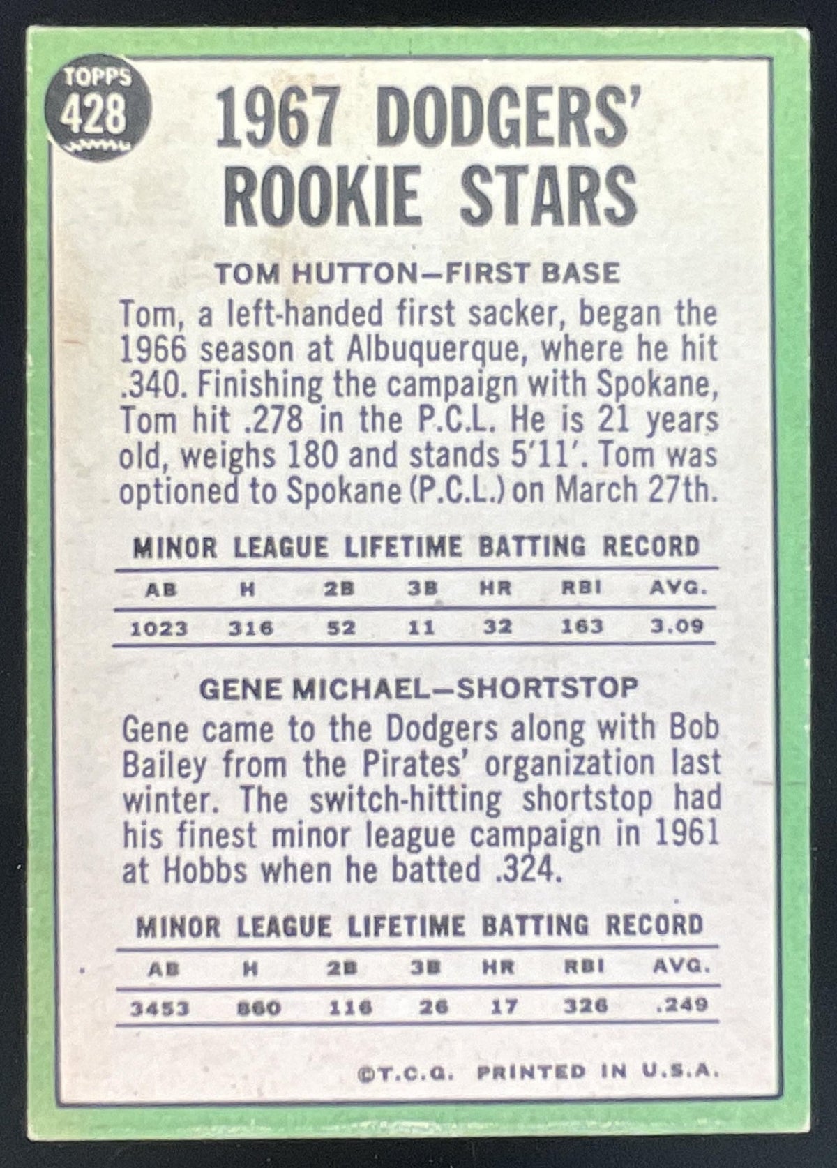 1967 Topps #428 Dodgers 1967 Rookie Stars Tom Hutton Gene Michael RS, RC product image 2, provided for visual reference and