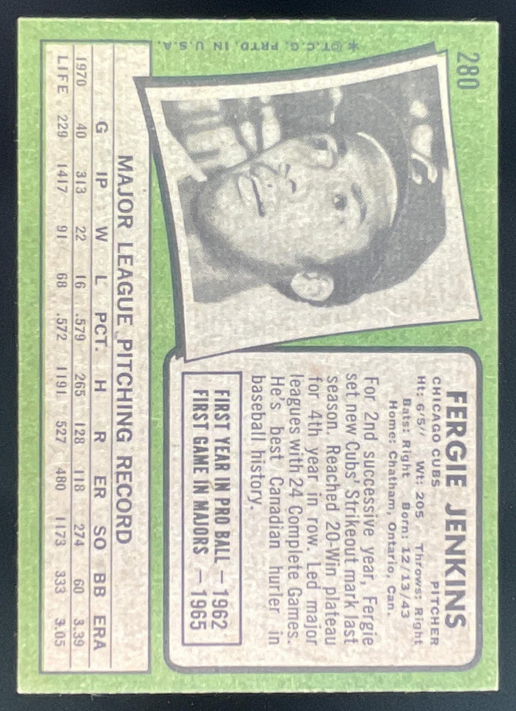 1971 Topps #280 Fergie Jenkins product image 2, provided for visual reference and product detail review
