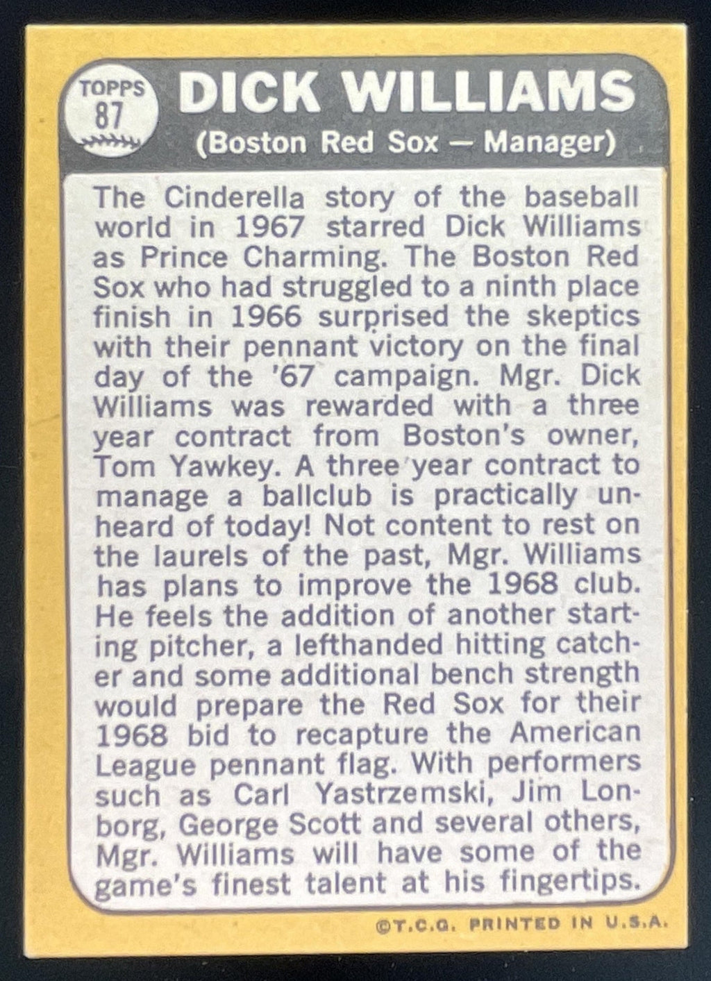 1968 Topps #87 Dick Williams product image 2, provided for visual reference and product detail review