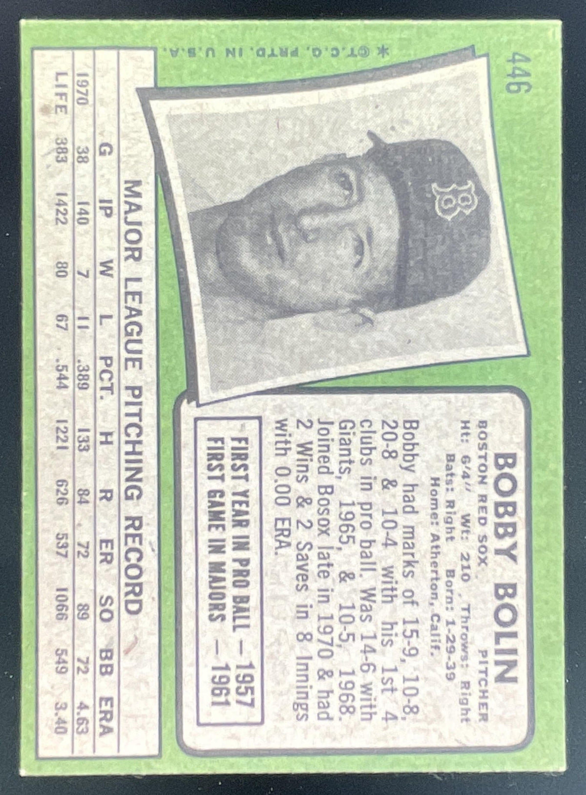 1971 Topps #446 Bobby Bolin product image 2, provided for visual reference and product detail review