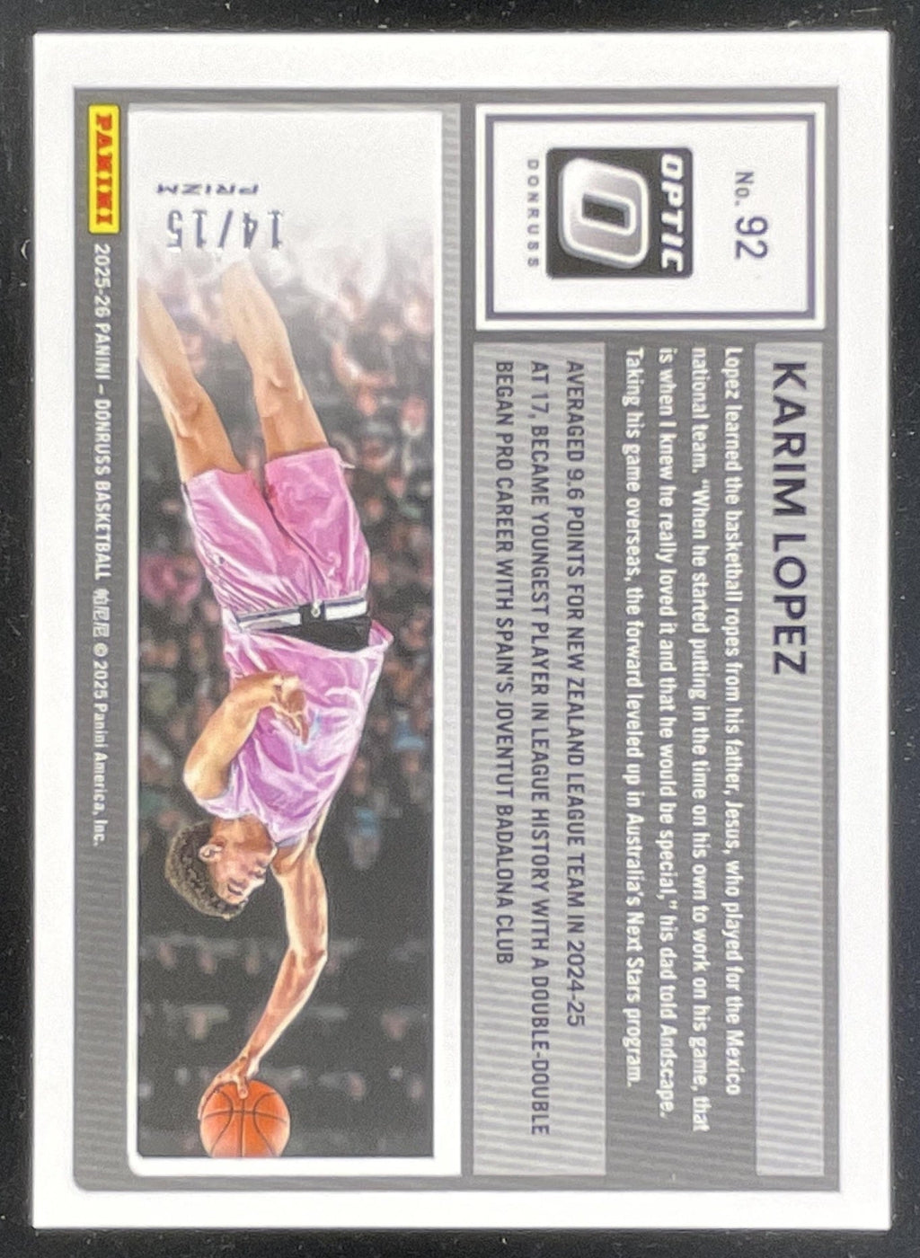 2025-26 Panini Donruss Optic Black Pandora #92 Karim Lopez RC /15 product image 2, provided for visual reference and product