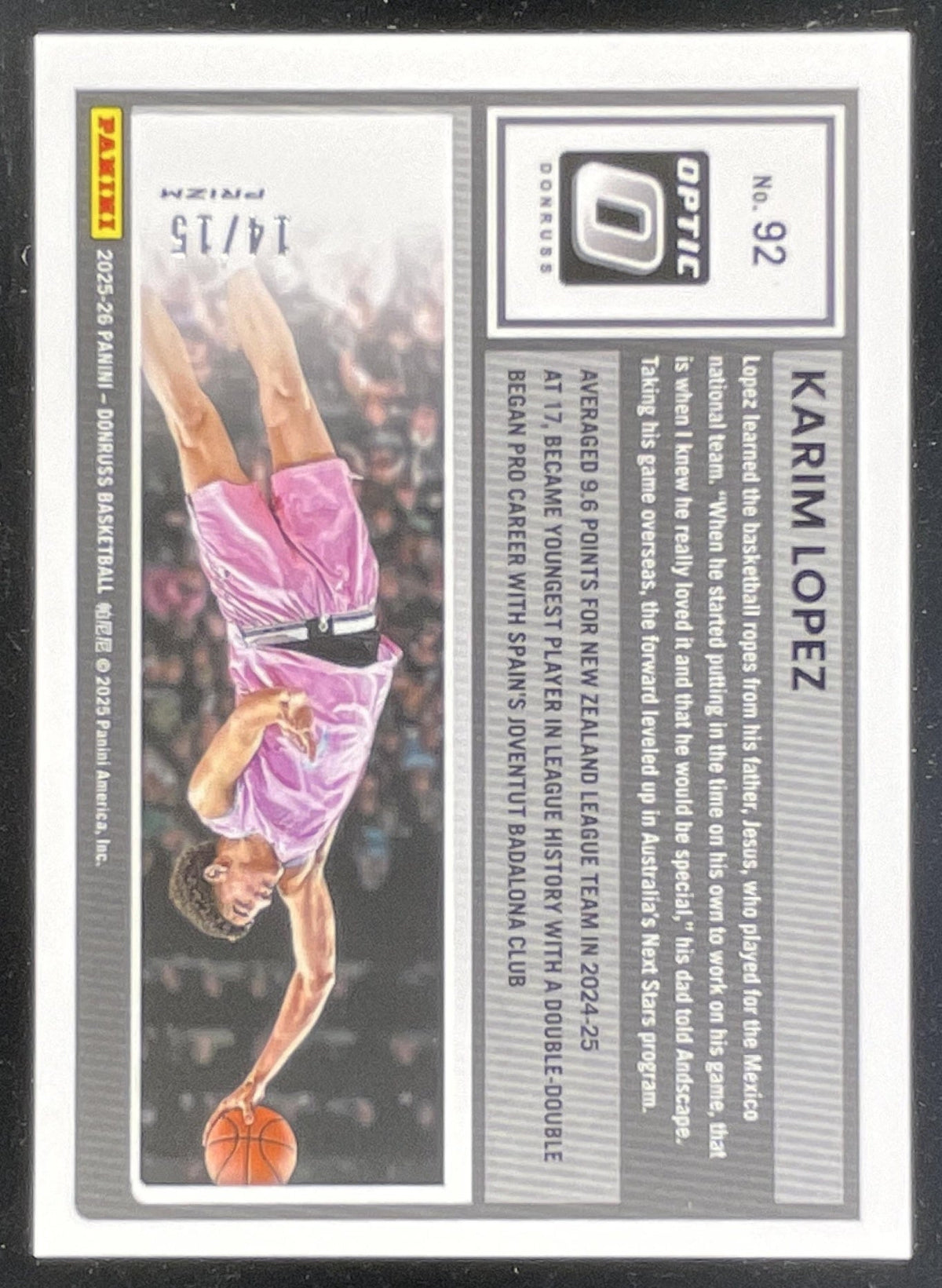 2025-26 Panini Donruss Optic Black Pandora #92 Karim Lopez RC /15 product image 2, provided for visual reference and product