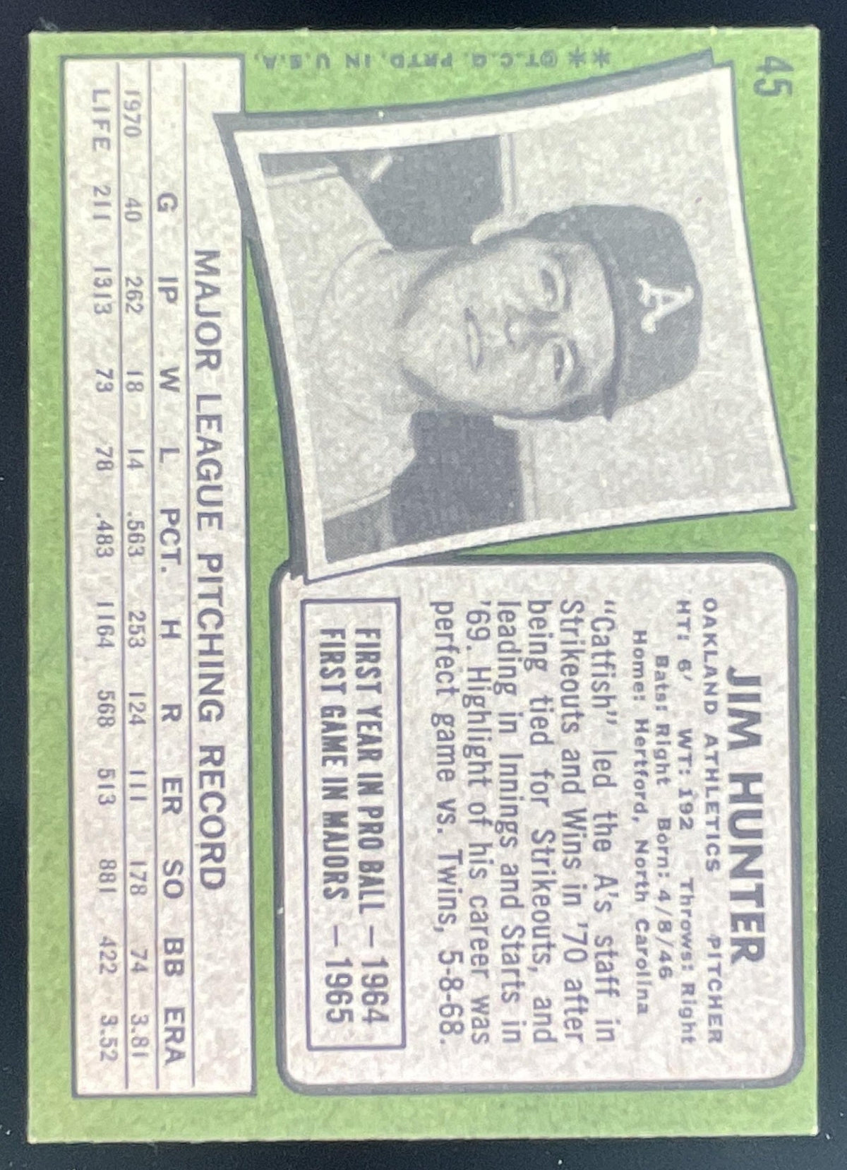 1971 Topps #45 Jim Hunter product image 2, provided for visual reference and product detail review