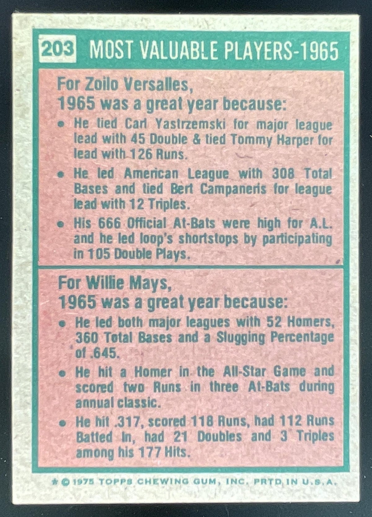 1975 Topps #203 1965s Zoilo Versalles Willie Mays MVP product image 2, provided for visual reference and product detail