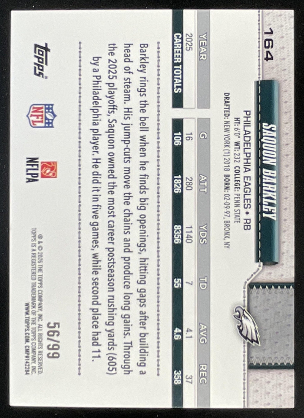 2026 Topps Green Rainbow Foil #164 Saquon Barkley /99 product image 2, provided for visual reference and product detail