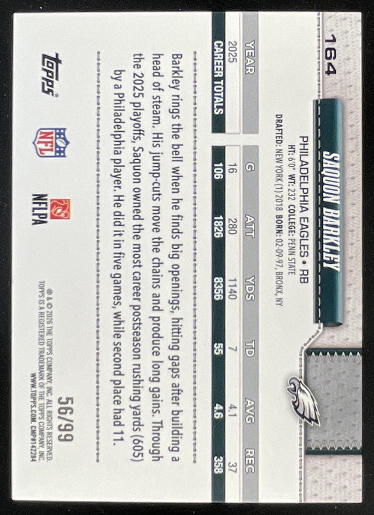 2026 Topps Green Rainbow Foil #164 Saquon Barkley /99 product image 2, provided for visual reference and product detail