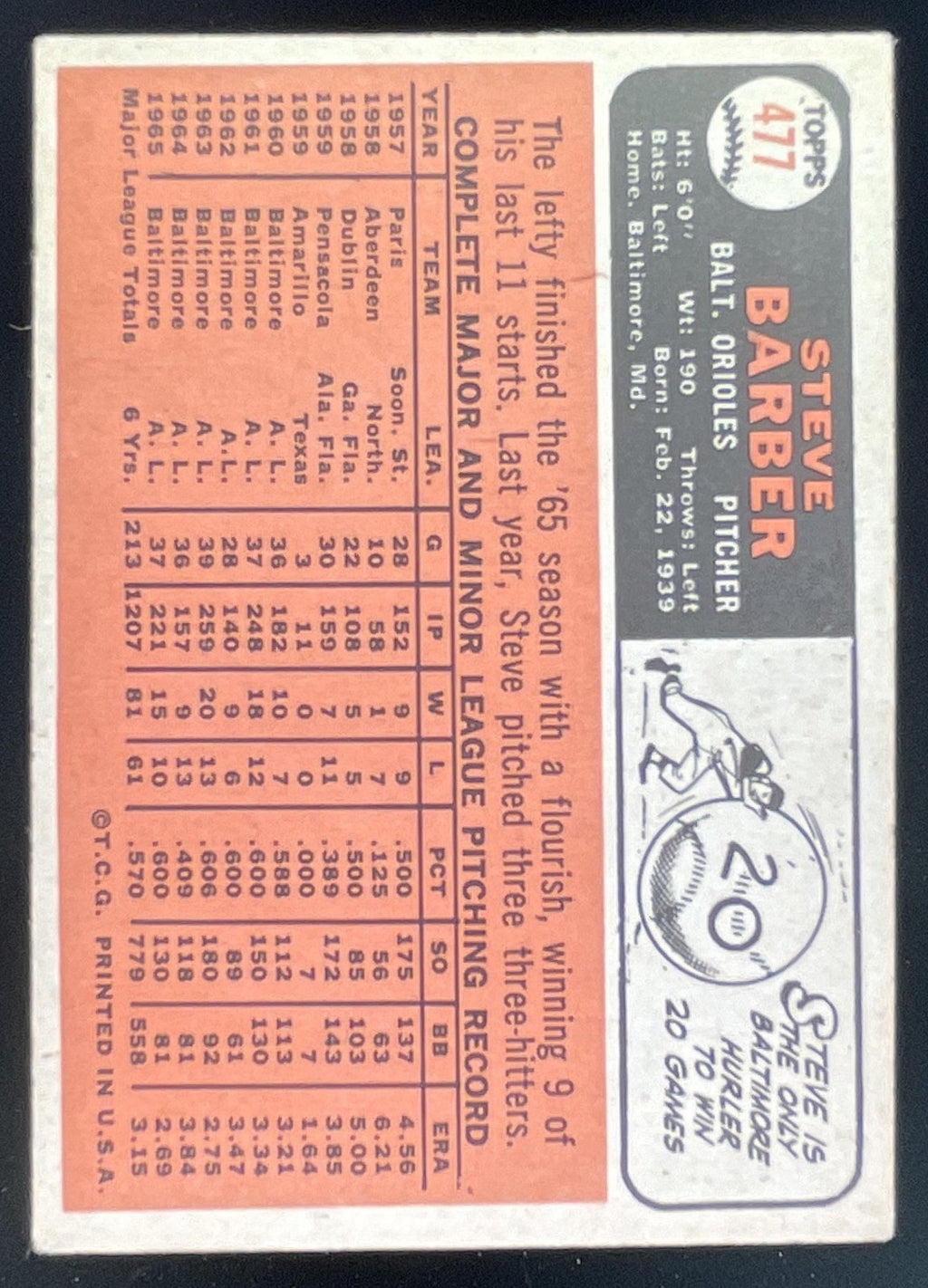 1966 Topps #477 Steve Barber product image 2, provided for visual reference and product detail review