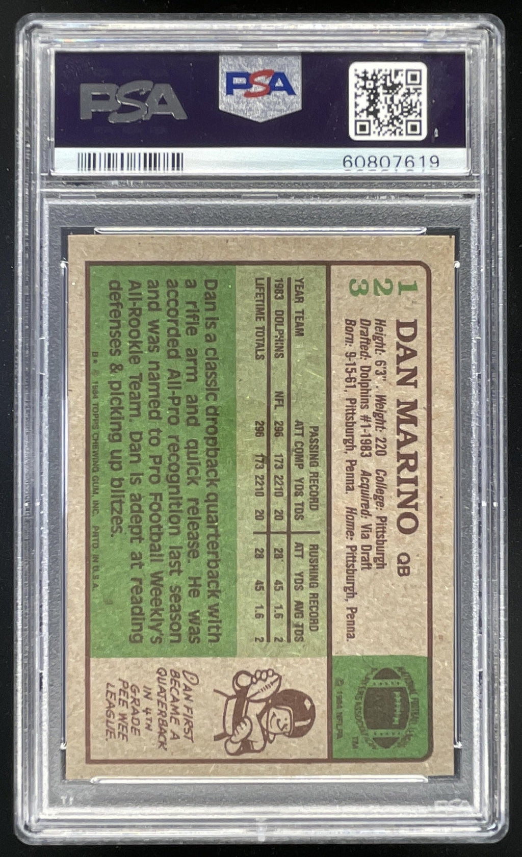 1984 Topps #123 Dan Marino RC PSA 7 product image 2, provided for visual reference and product detail review