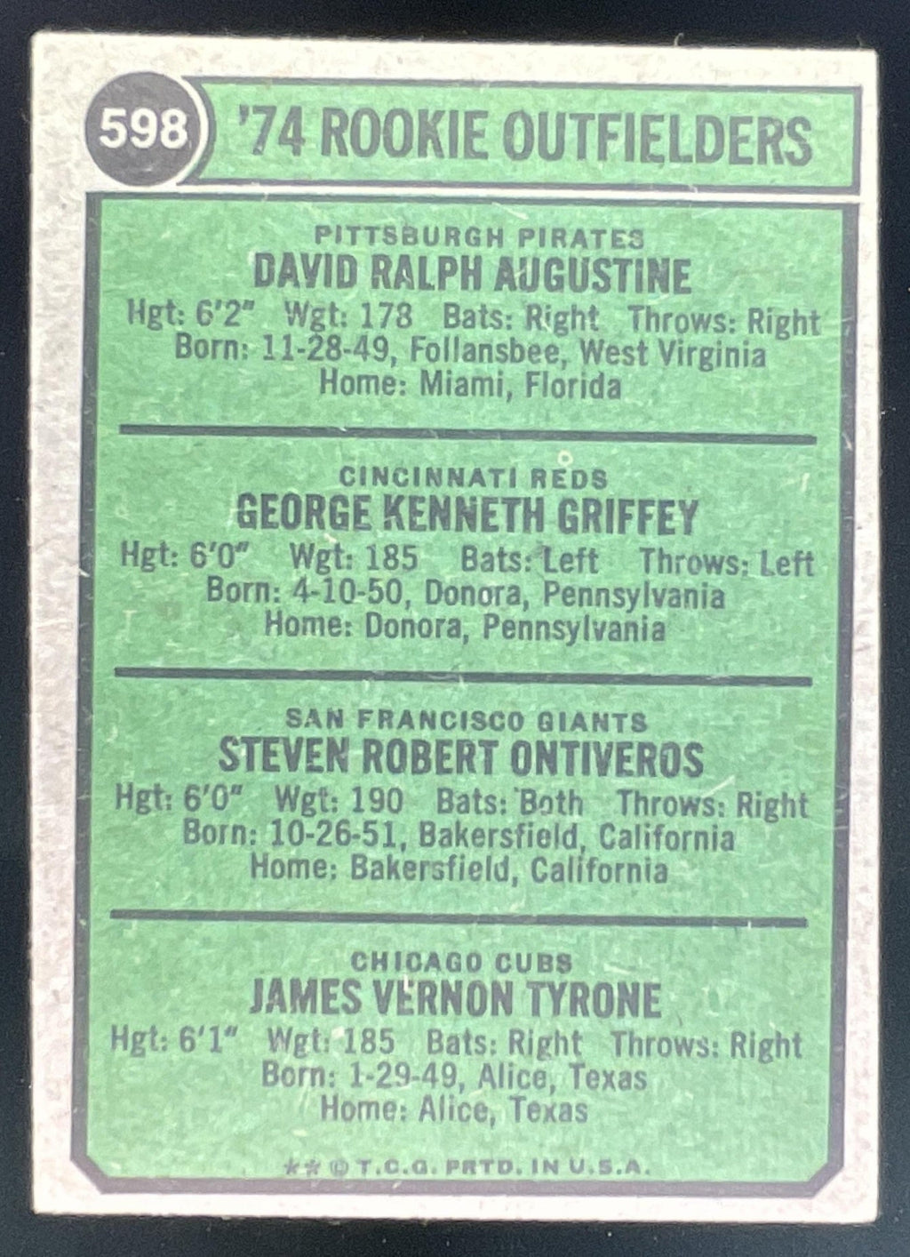 1974 Topps #598 Dave Augustine Ken Griffey Steve Ontiveros Jim Tyrone RC product image 2, provided for visual reference and
