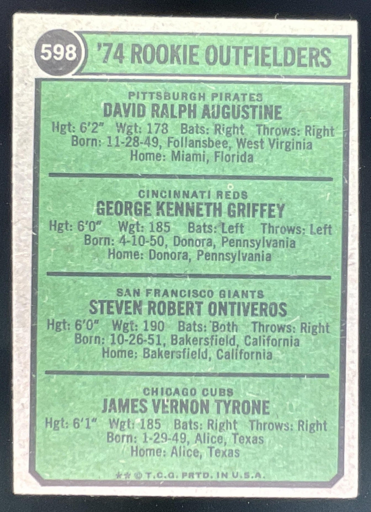 1974 Topps #598 Dave Augustine Ken Griffey Steve Ontiveros Jim Tyrone RC product image 2, provided for visual reference and
