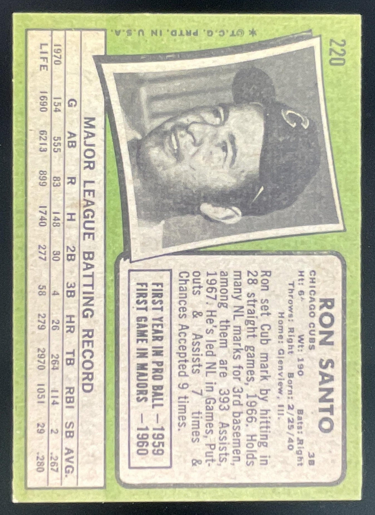 1971 Topps #220 Ron Santo product image 2, provided for visual reference and product detail review