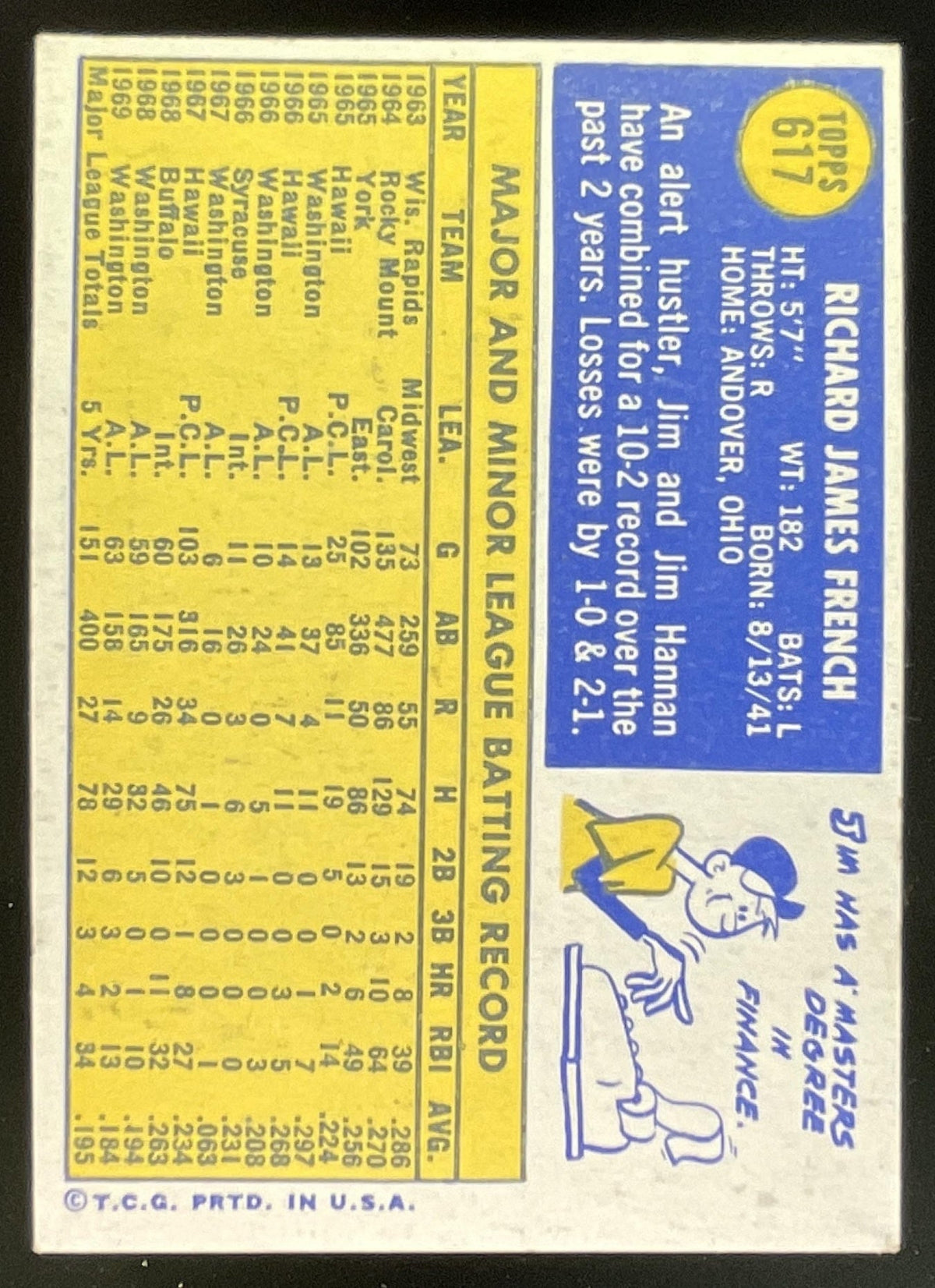 1970 Topps #617 Jim French product image 2, provided for visual reference and product detail review